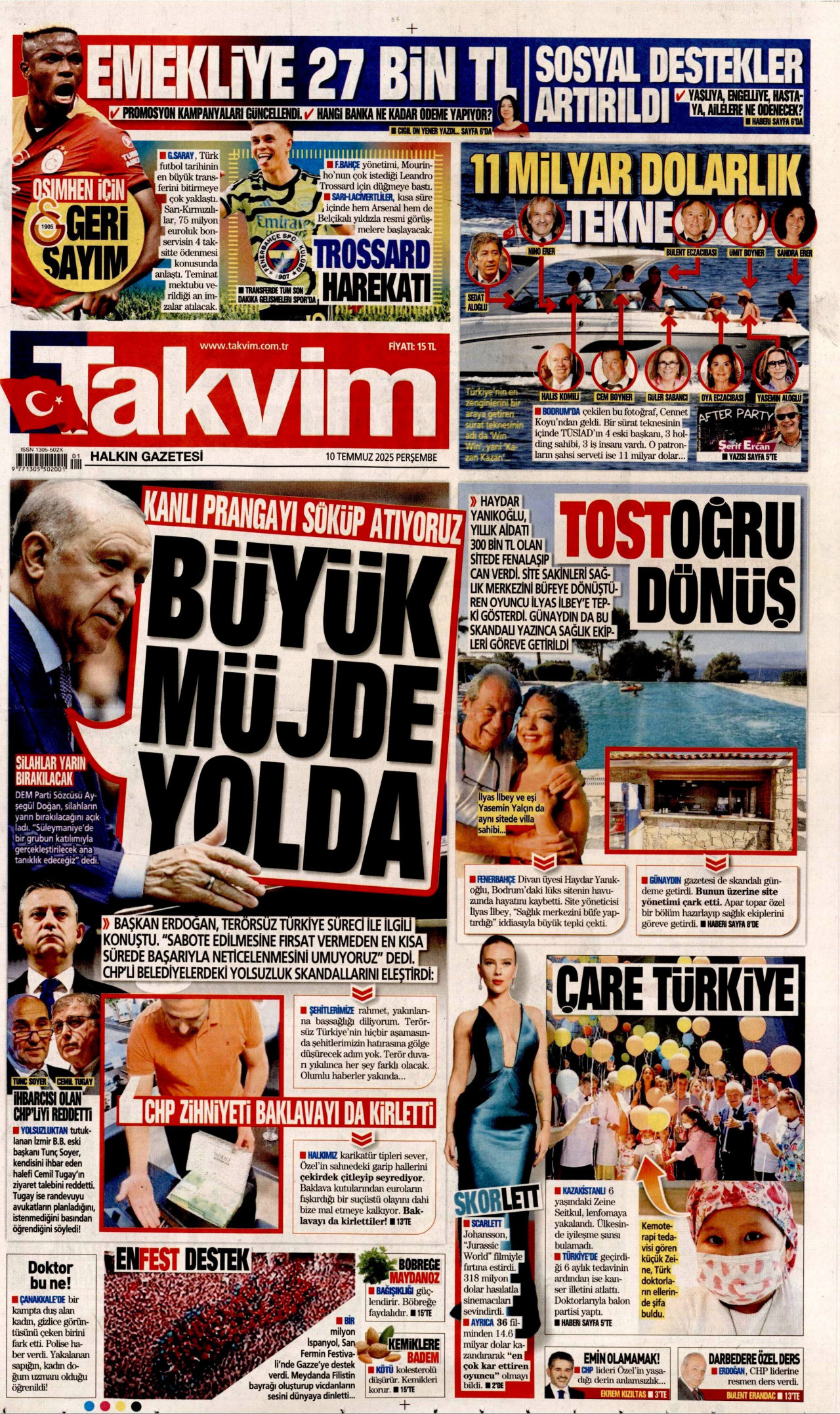 TAKVİM gazetesinin 10 Temmuz 2025 tarihli birinci sayfası