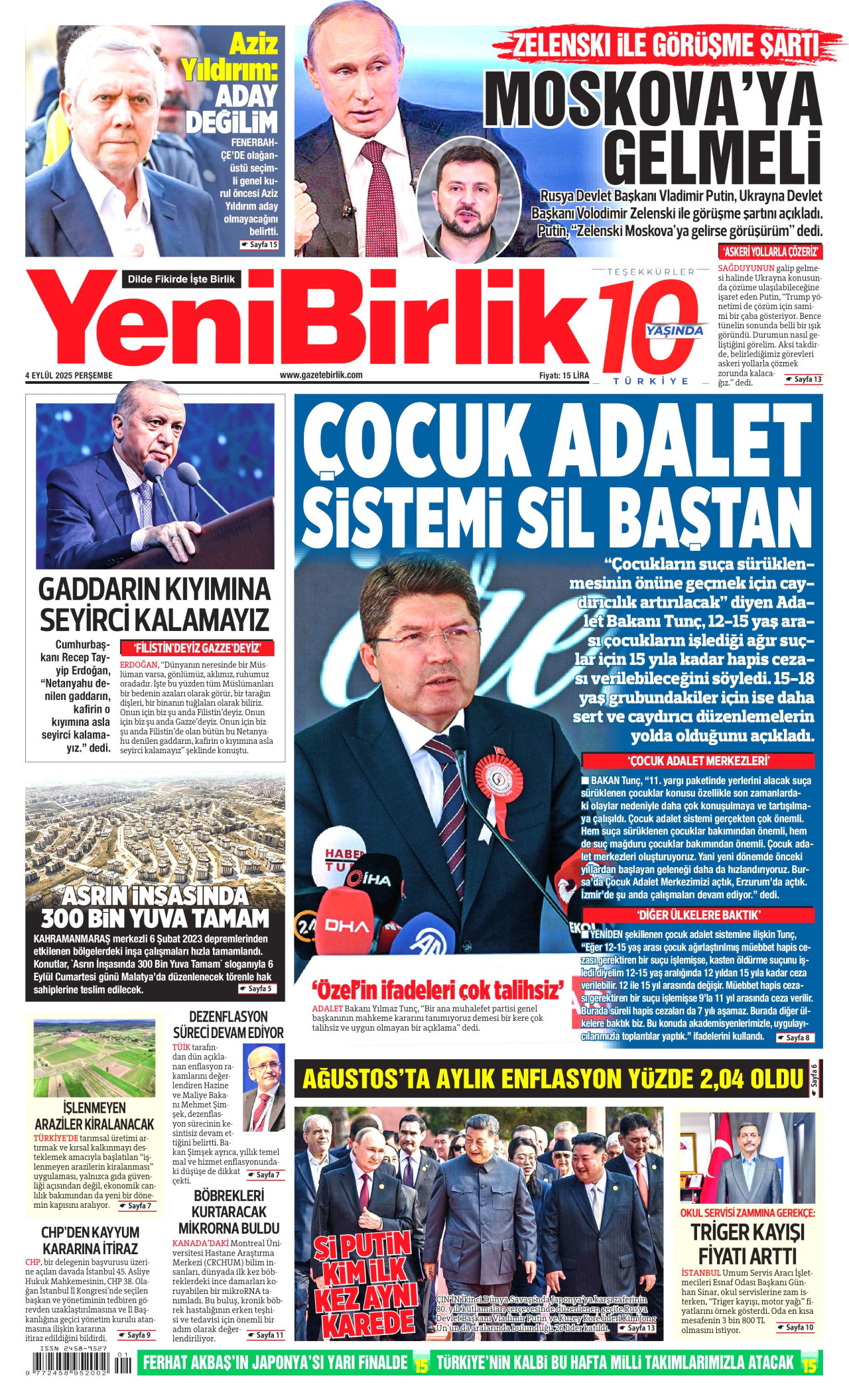 YENİBİRLİK gazetesinin 4 Eylül 2025 tarihli birinci sayfası