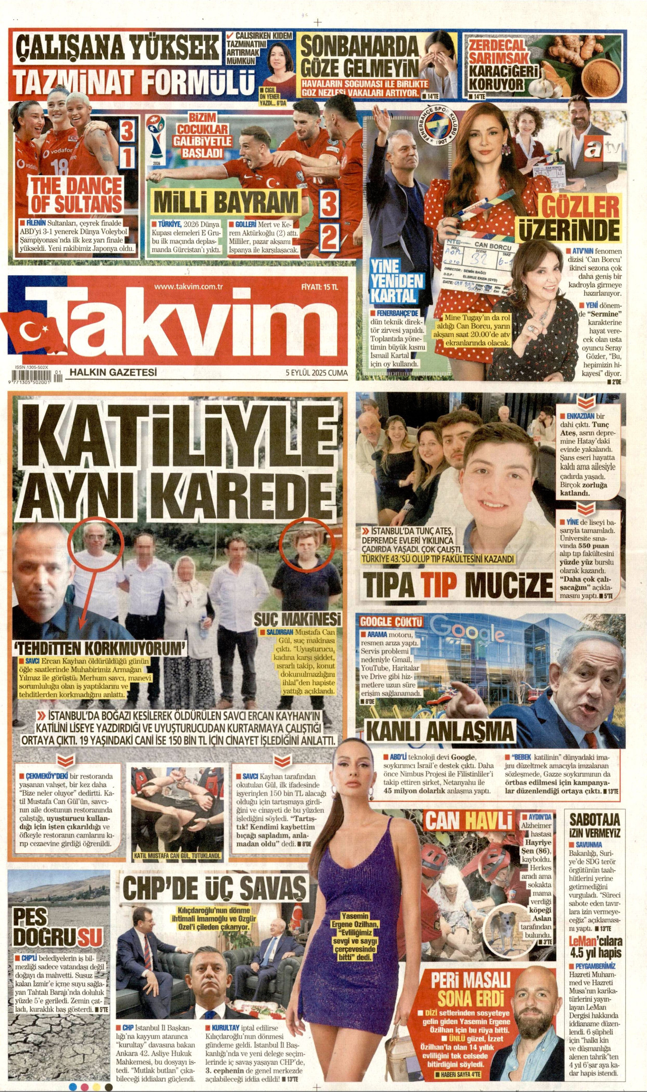 TAKVİM gazetesinin 5 Eylül 2025 tarihli birinci sayfası