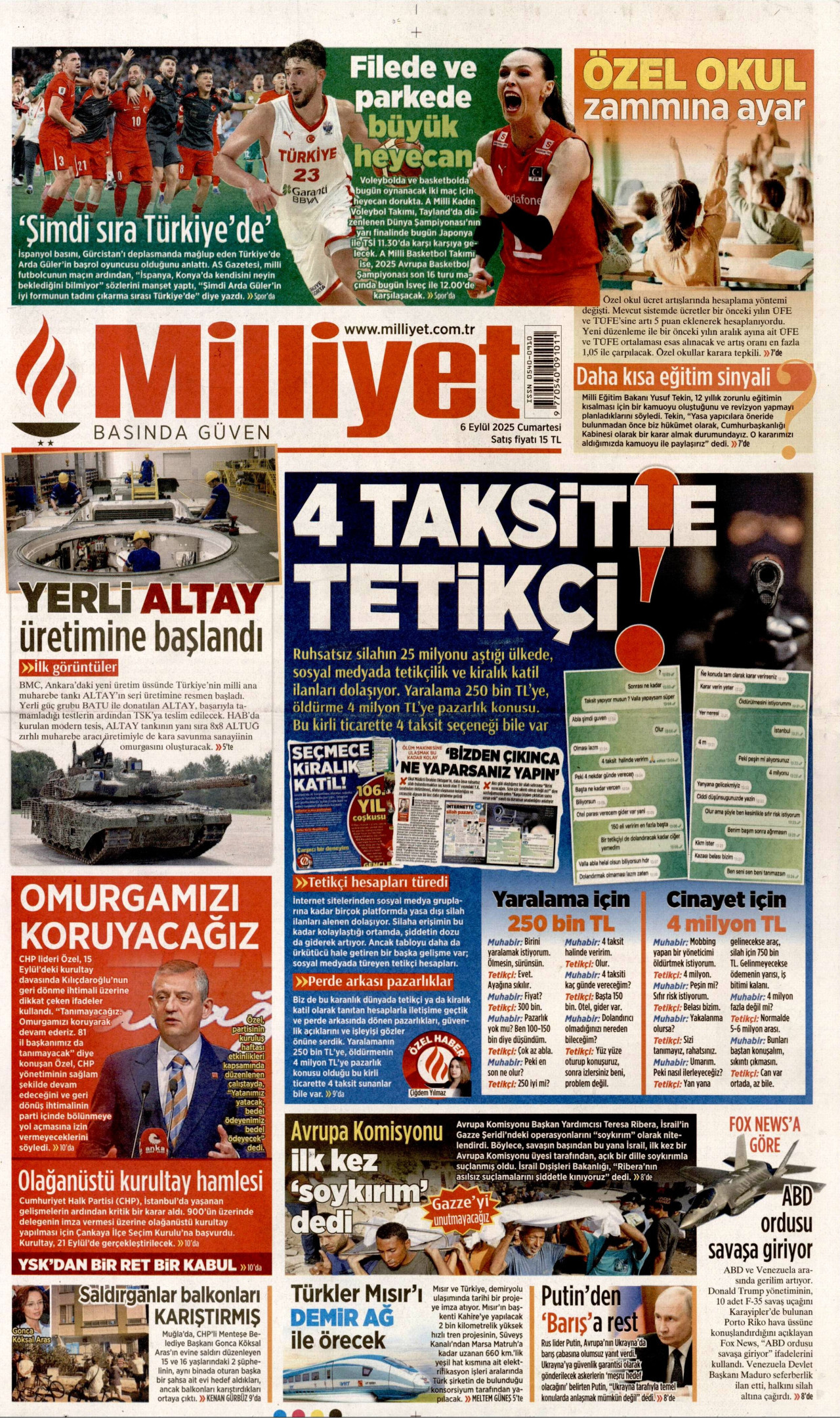 MİLLİYET gazetesinin 6 Eylül 2025 tarihli birinci sayfası