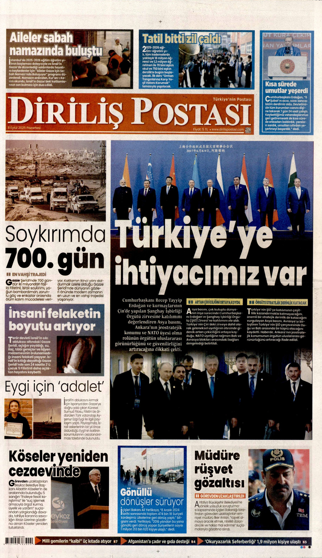 DİRİLİŞ POSTASI gazetesinin 8 Eylül 2025 tarihli birinci sayfası