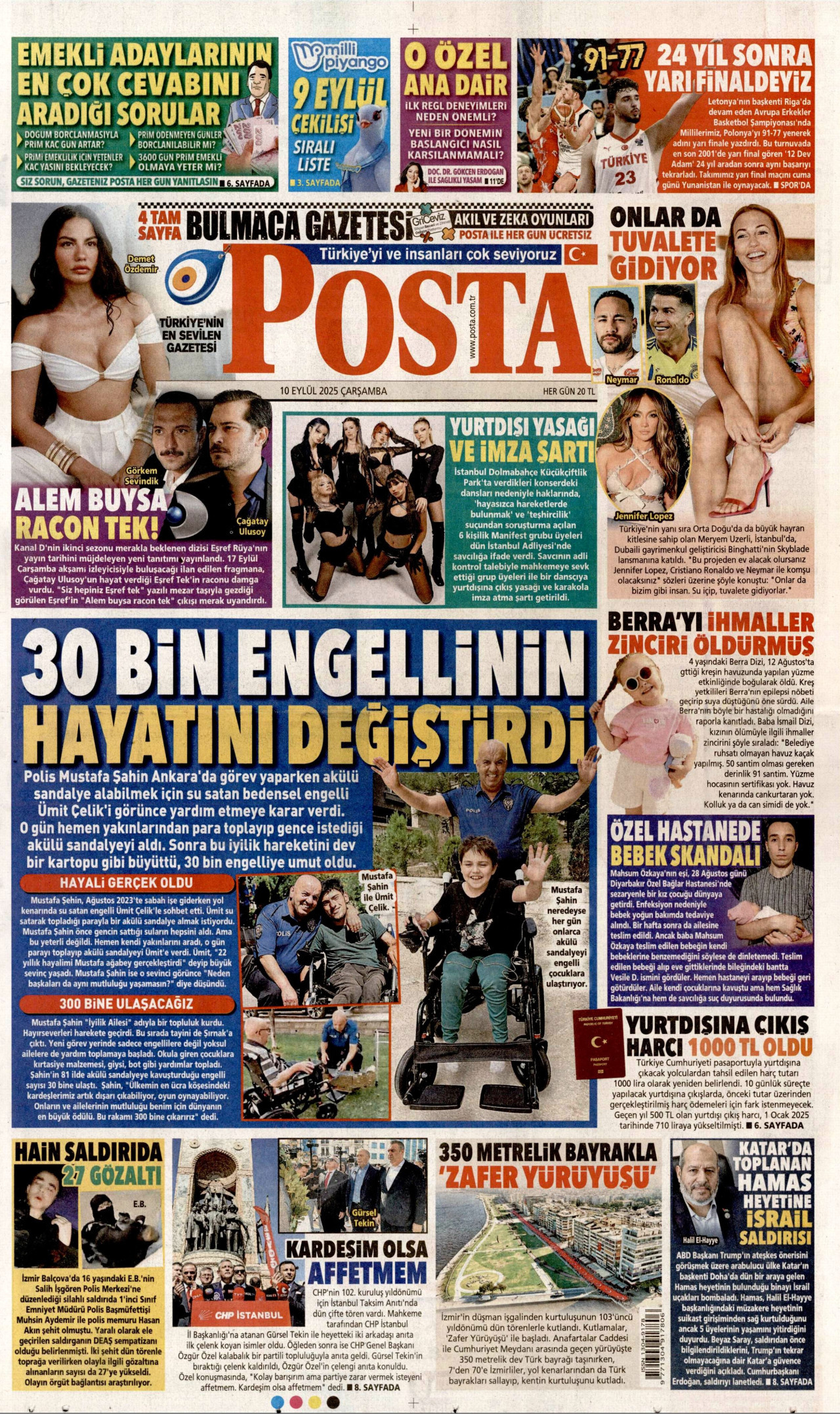 POSTA gazetesinin 10 Eylül 2025 tarihli birinci sayfası