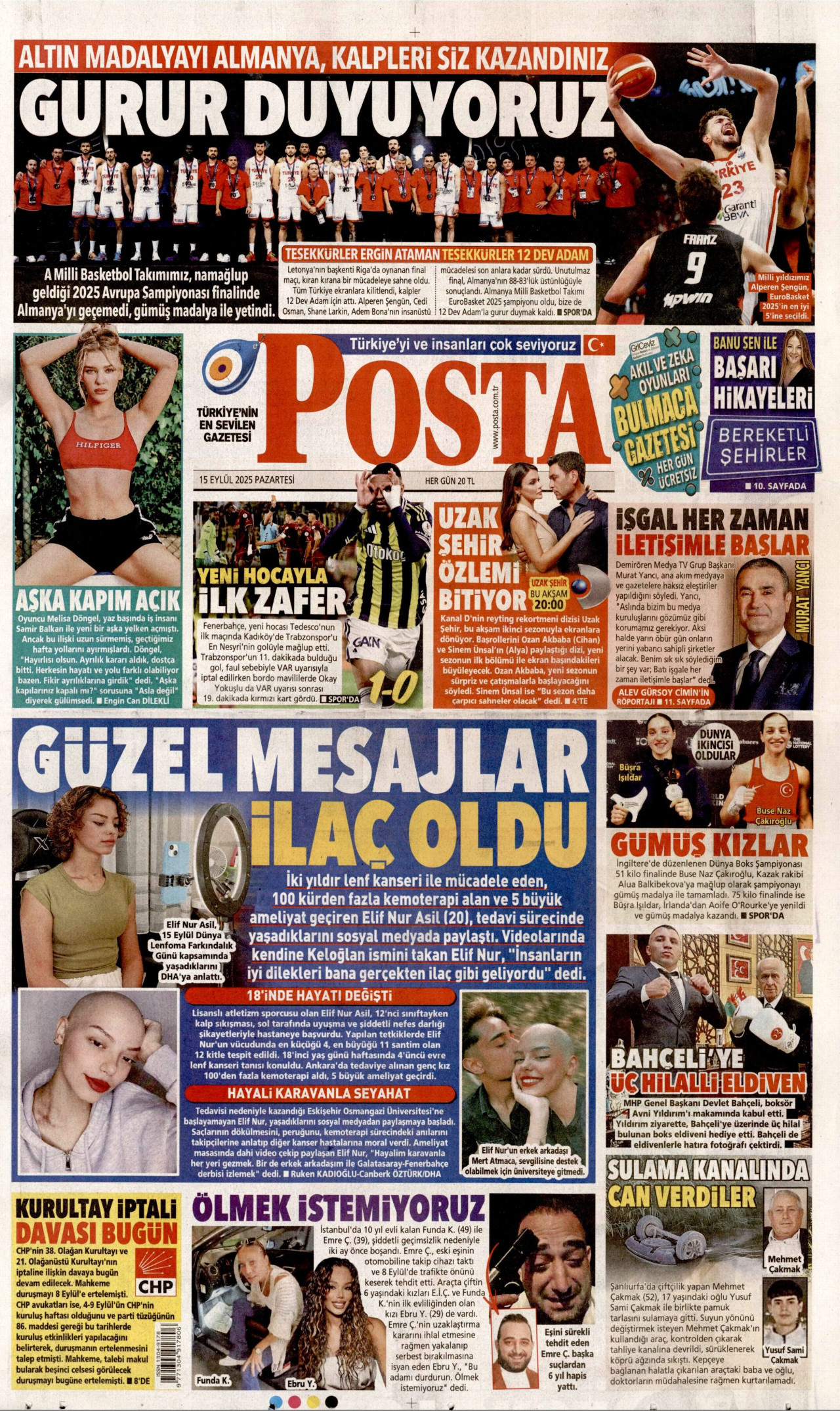 POSTA gazetesinin 15 Eylül 2025 tarihli birinci sayfası