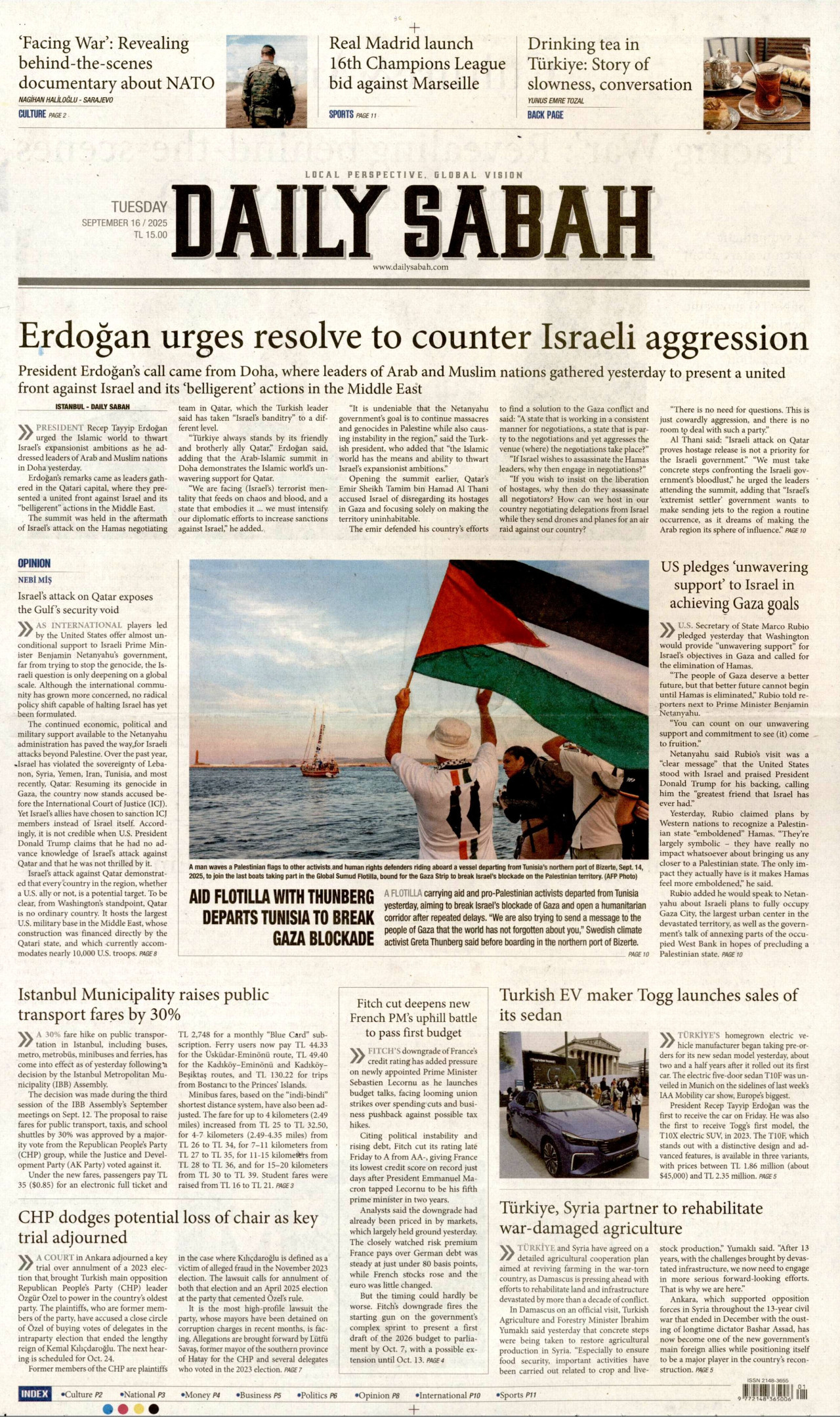 DAİLY SABAH gazetesinin 16 Eylül 2025 tarihli birinci sayfası
