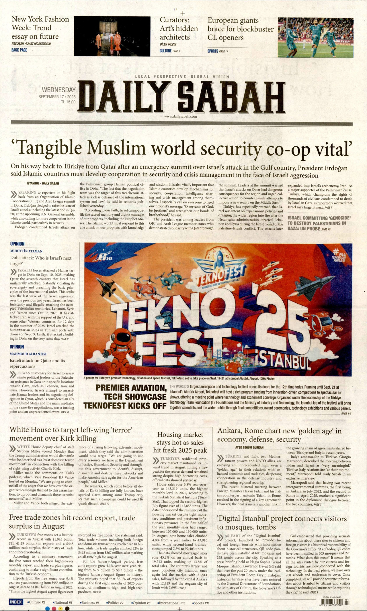 DAİLY SABAH gazetesinin 17 Eylül 2025 tarihli birinci sayfası