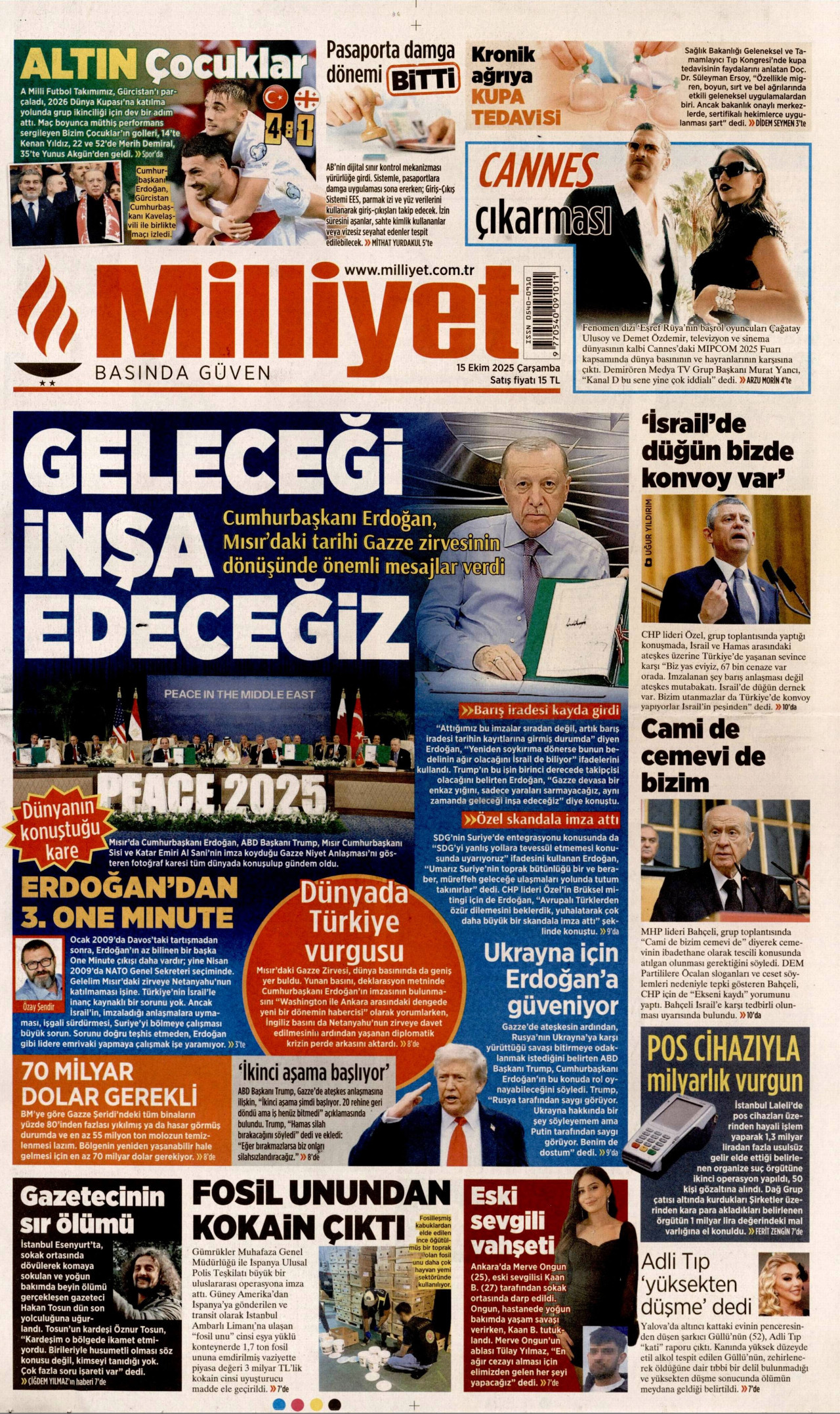 MİLLİYET gazetesinin 15 Ekim 2025 tarihli birinci sayfası