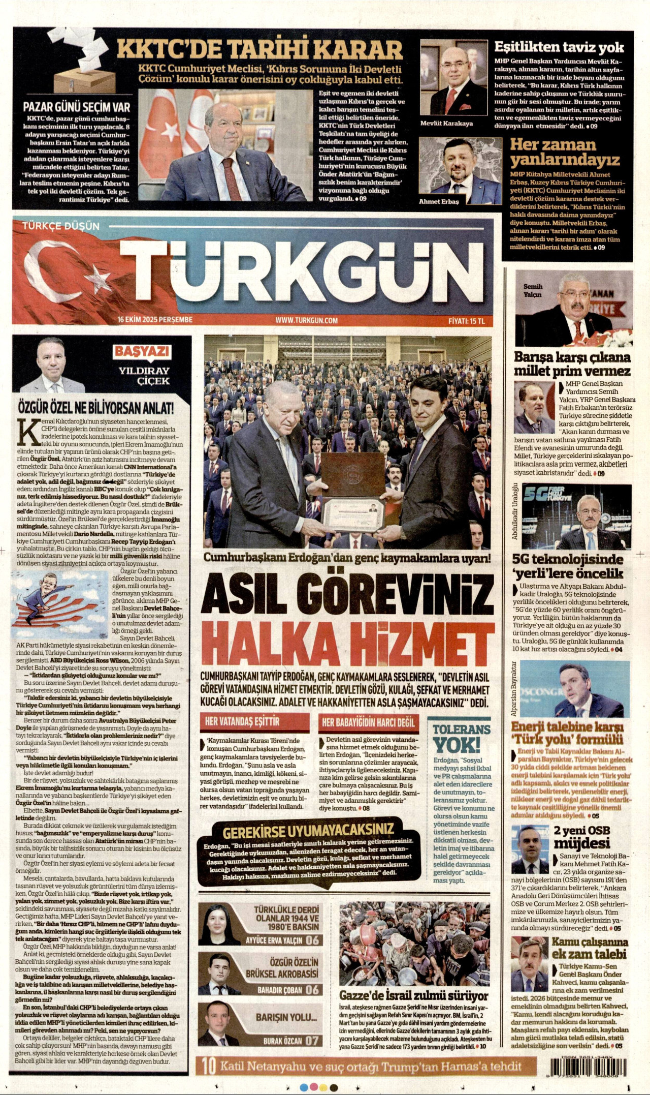 TÜRKGÜN gazetesinin 16 Ekim 2025 tarihli birinci sayfası