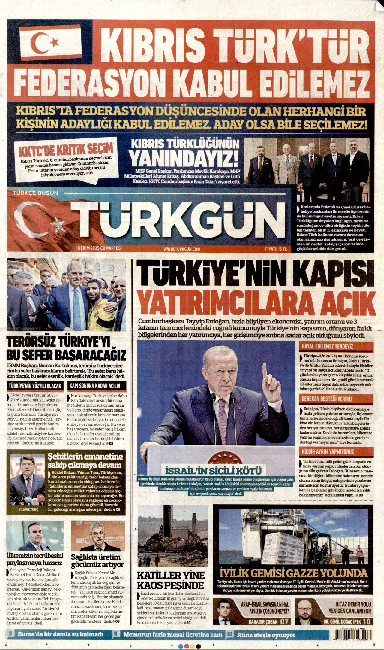 TÜRKGÜN gazetesinin 18 Ekim 2025 tarihli birinci sayfası