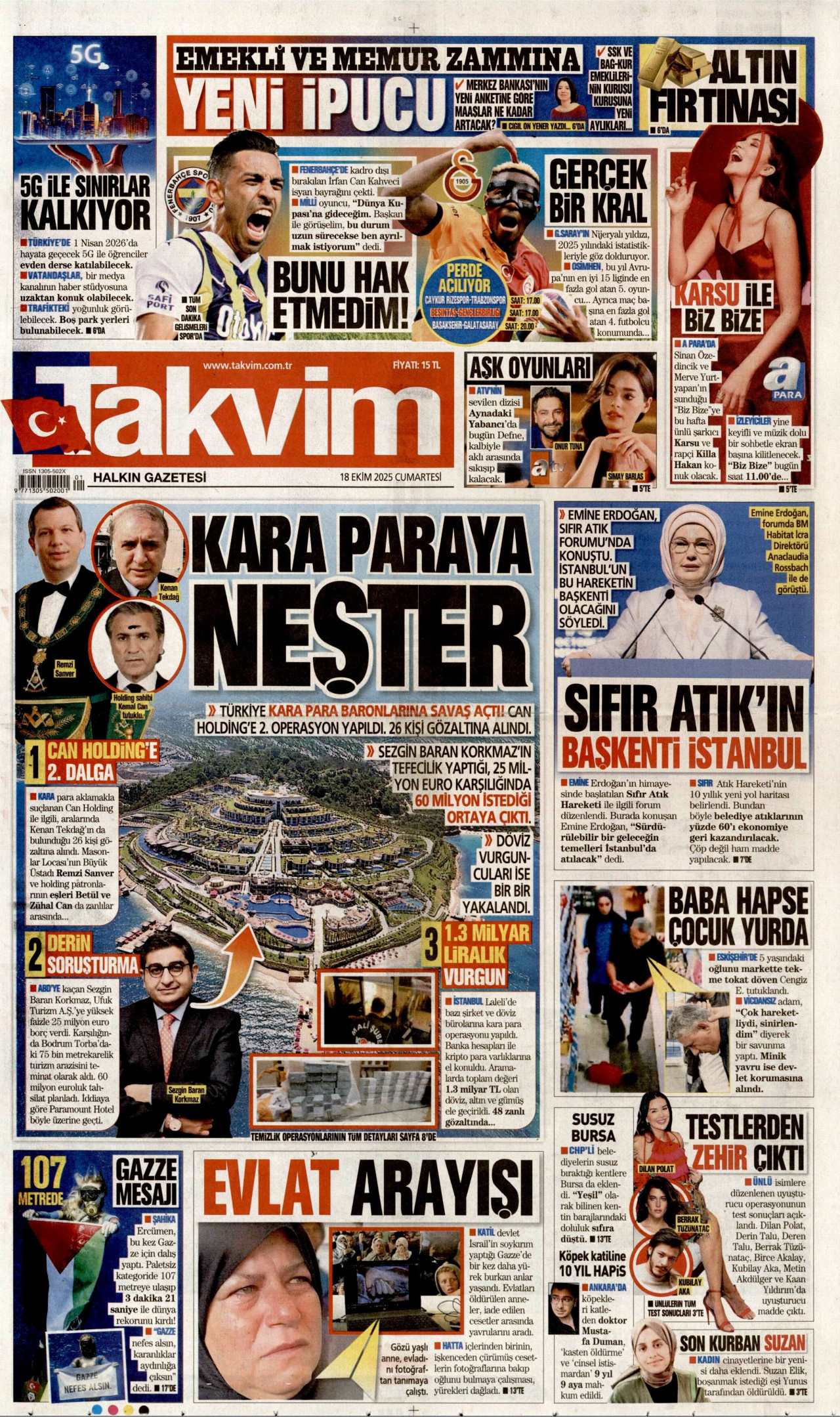 TAKVİM gazetesinin 18 Ekim 2025 tarihli birinci sayfası