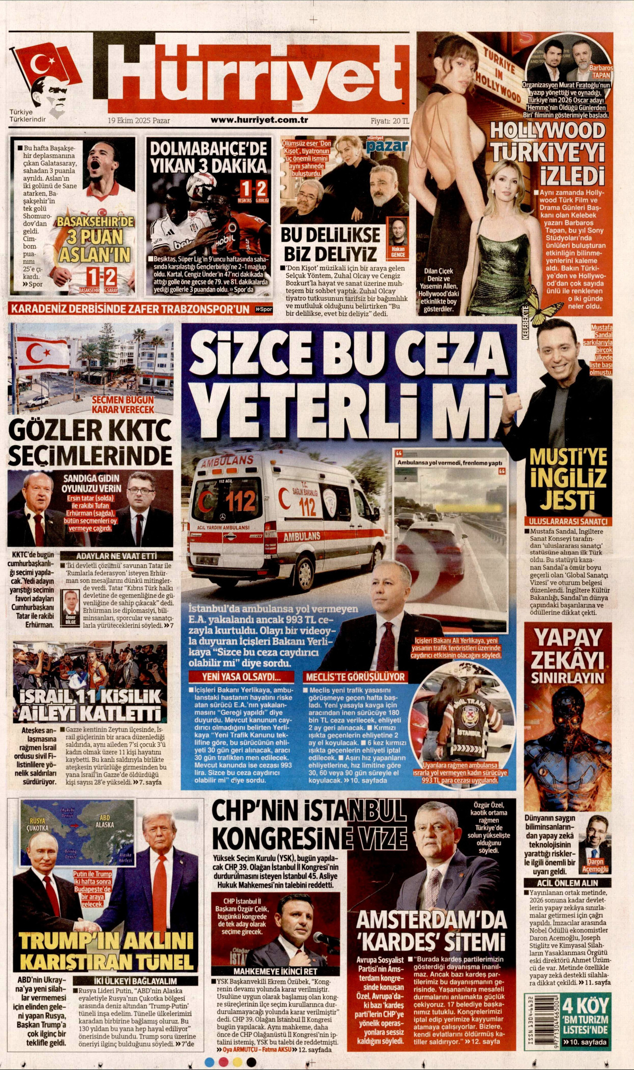 HÜRRİYET gazetesinin 19 Ekim 2025 tarihli birinci sayfası