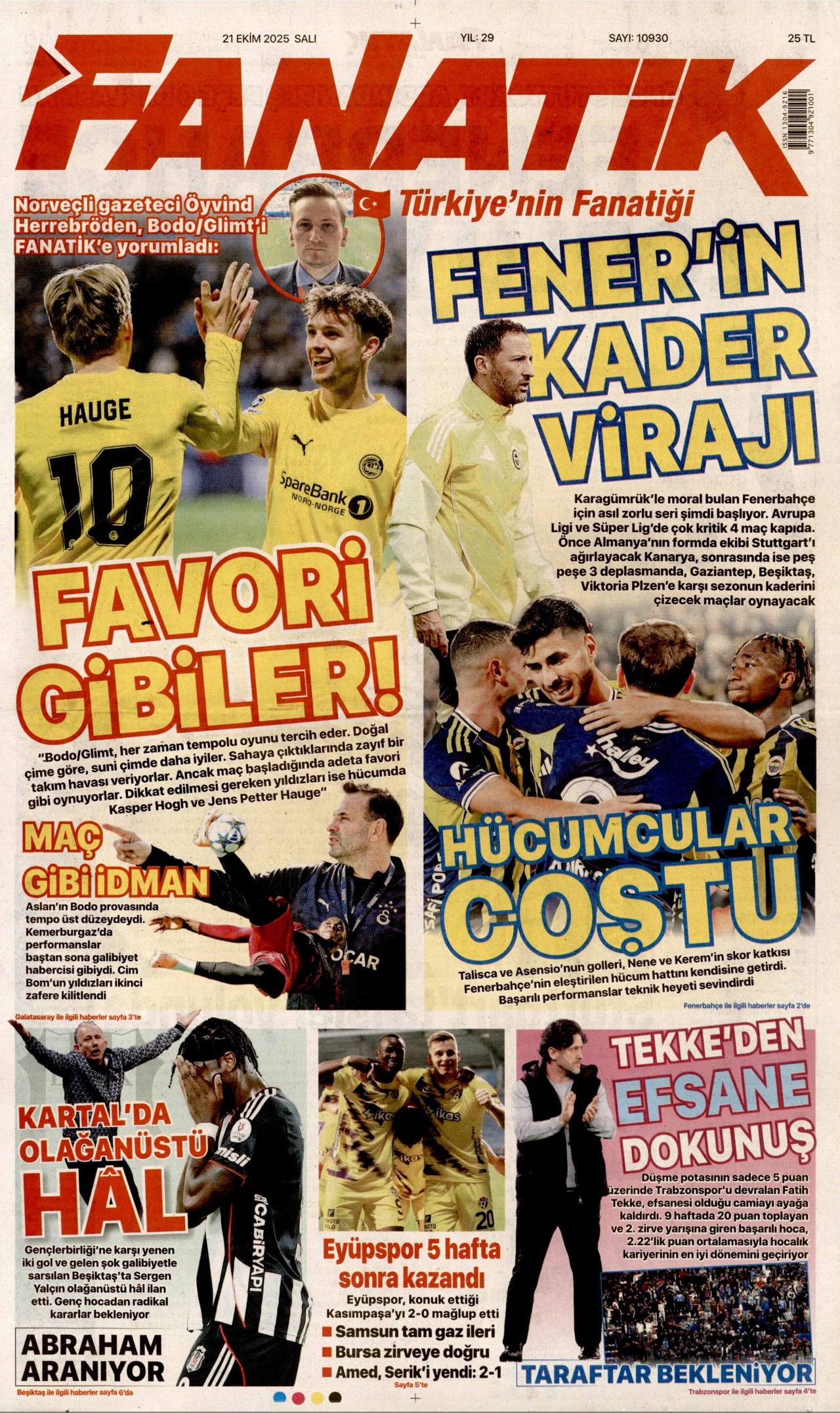 FANATİK gazetesinin 21 Ekim 2025 tarihli birinci sayfası