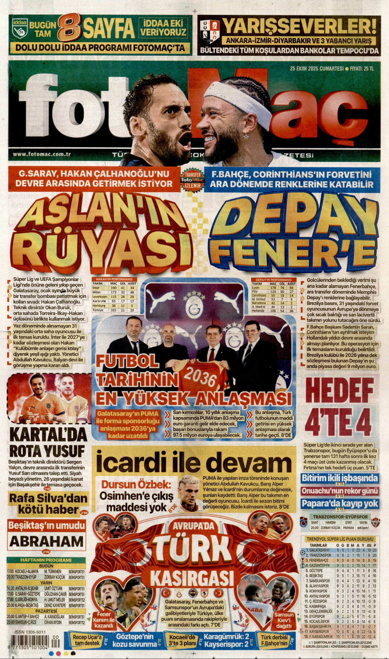 FOTOMAÇ gazetesinin 25 Ekim 2025 tarihli birinci sayfası