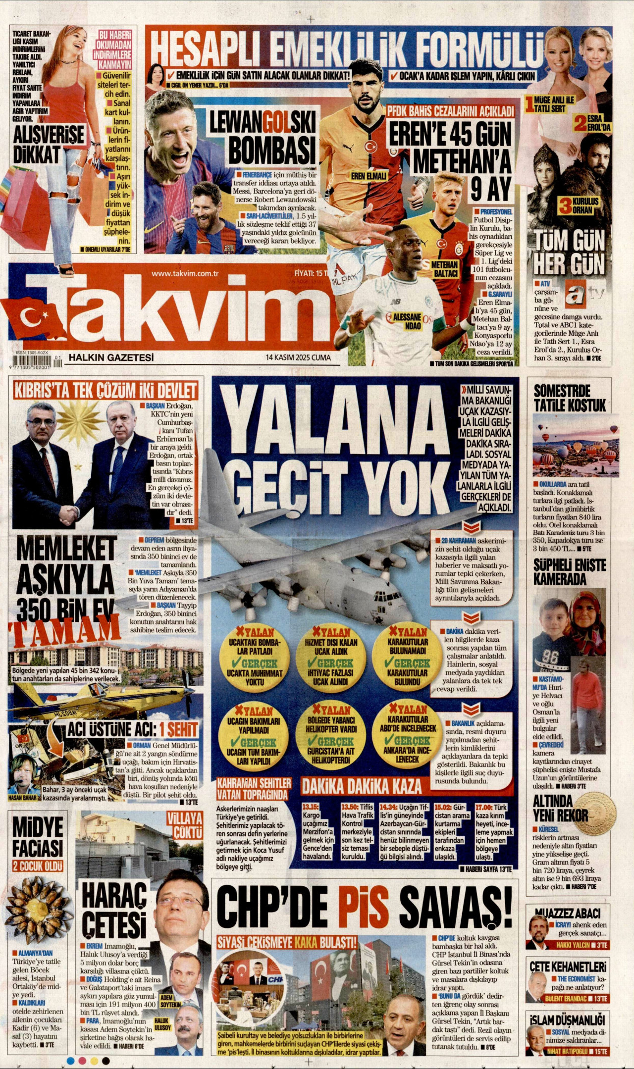 TAKVİM gazetesinin 14 Kasım 2025 tarihli birinci sayfası