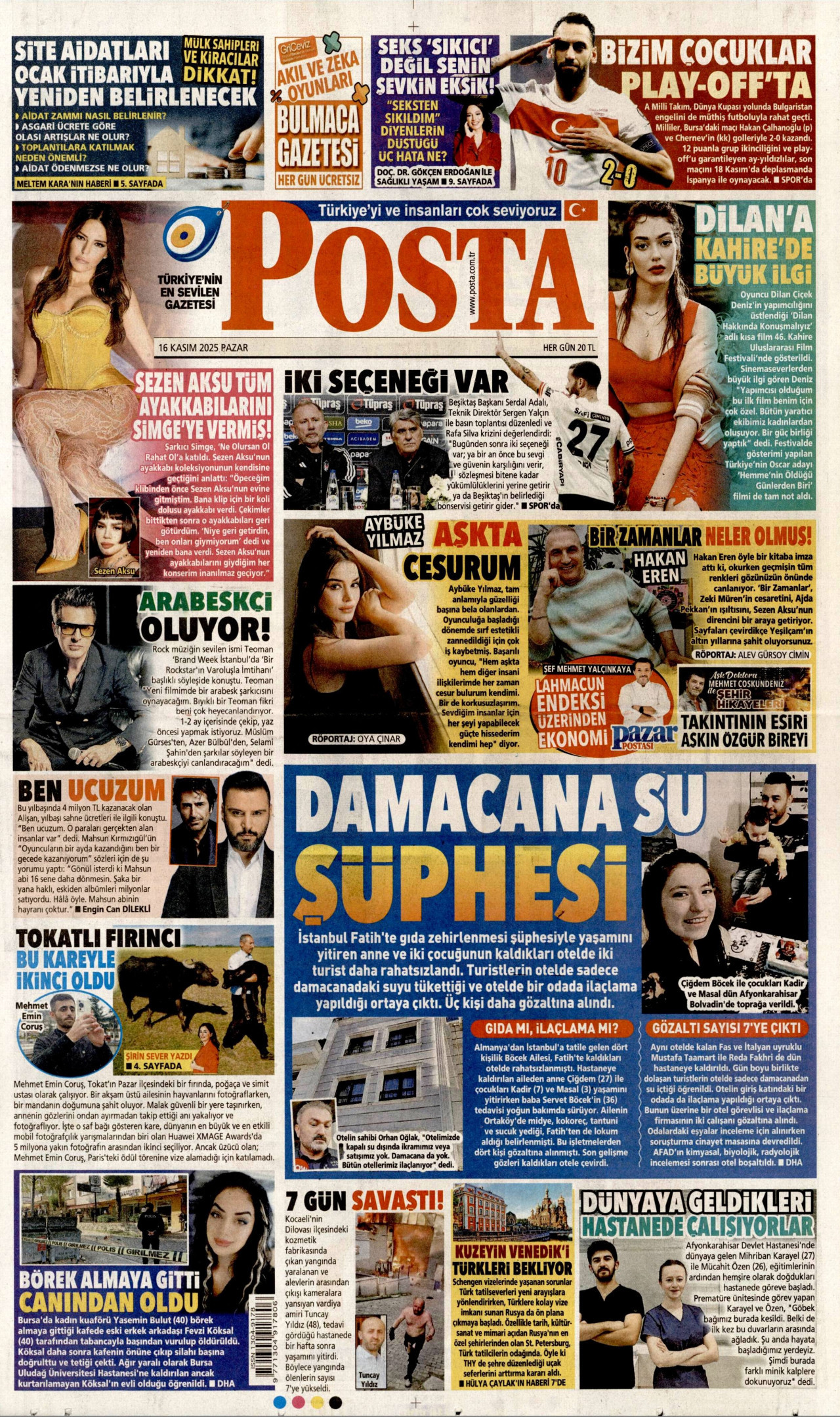 POSTA gazetesinin 16 Kasım 2025 tarihli birinci sayfası