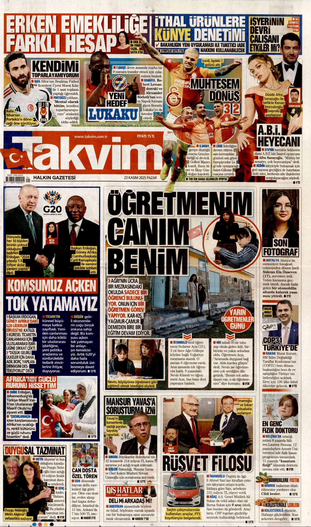 TAKVİM gazetesinin 23 Kasım 2025 tarihli birinci sayfası