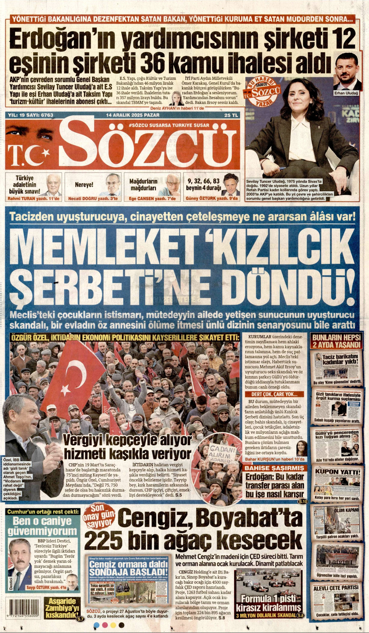 SÖZCÜ gazetesinin 14 Aralık 2025 tarihli birinci sayfası