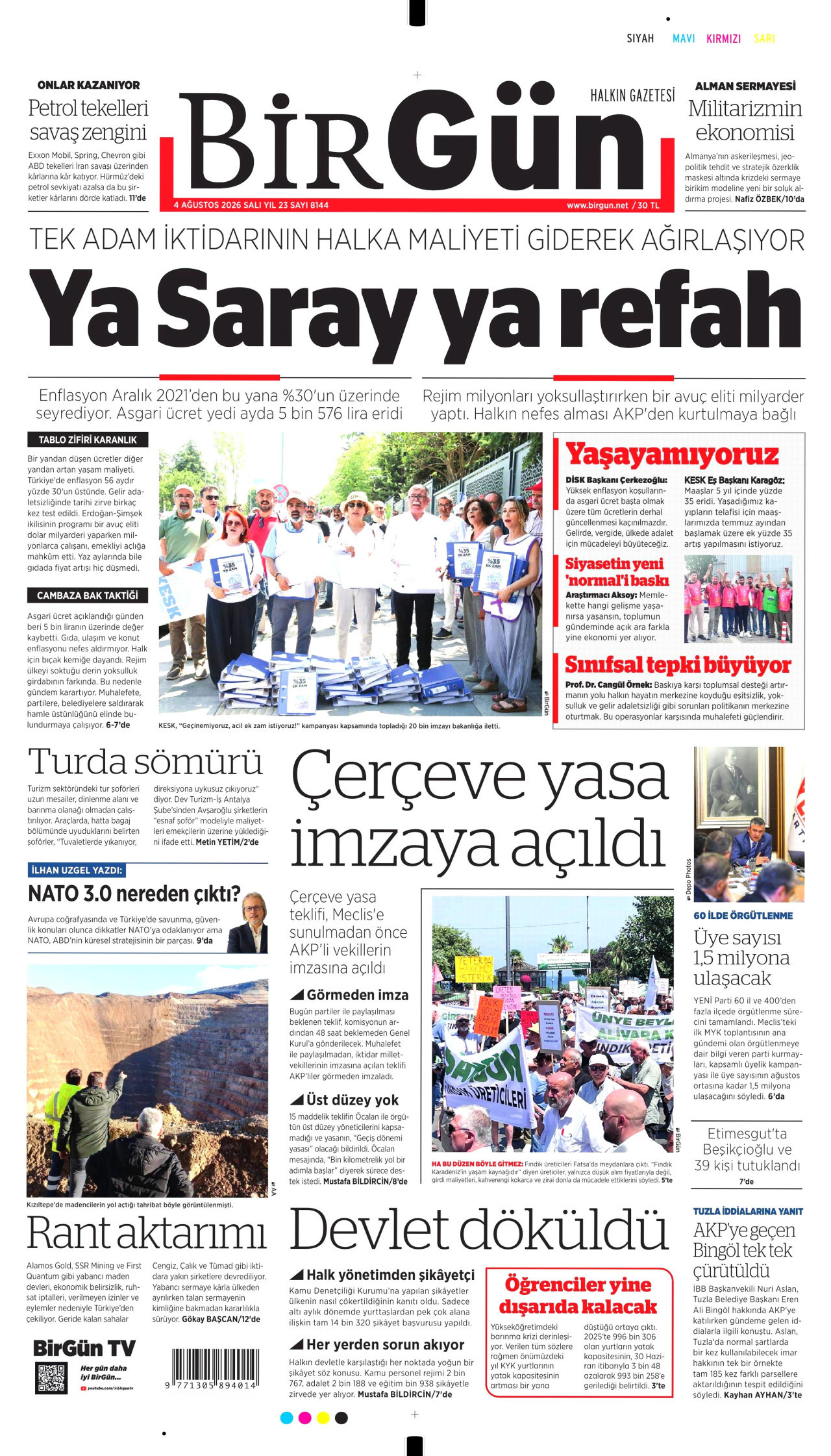 BİRGÜN gazetesinin 4 Ağustos 2026 tarihli birinci sayfası