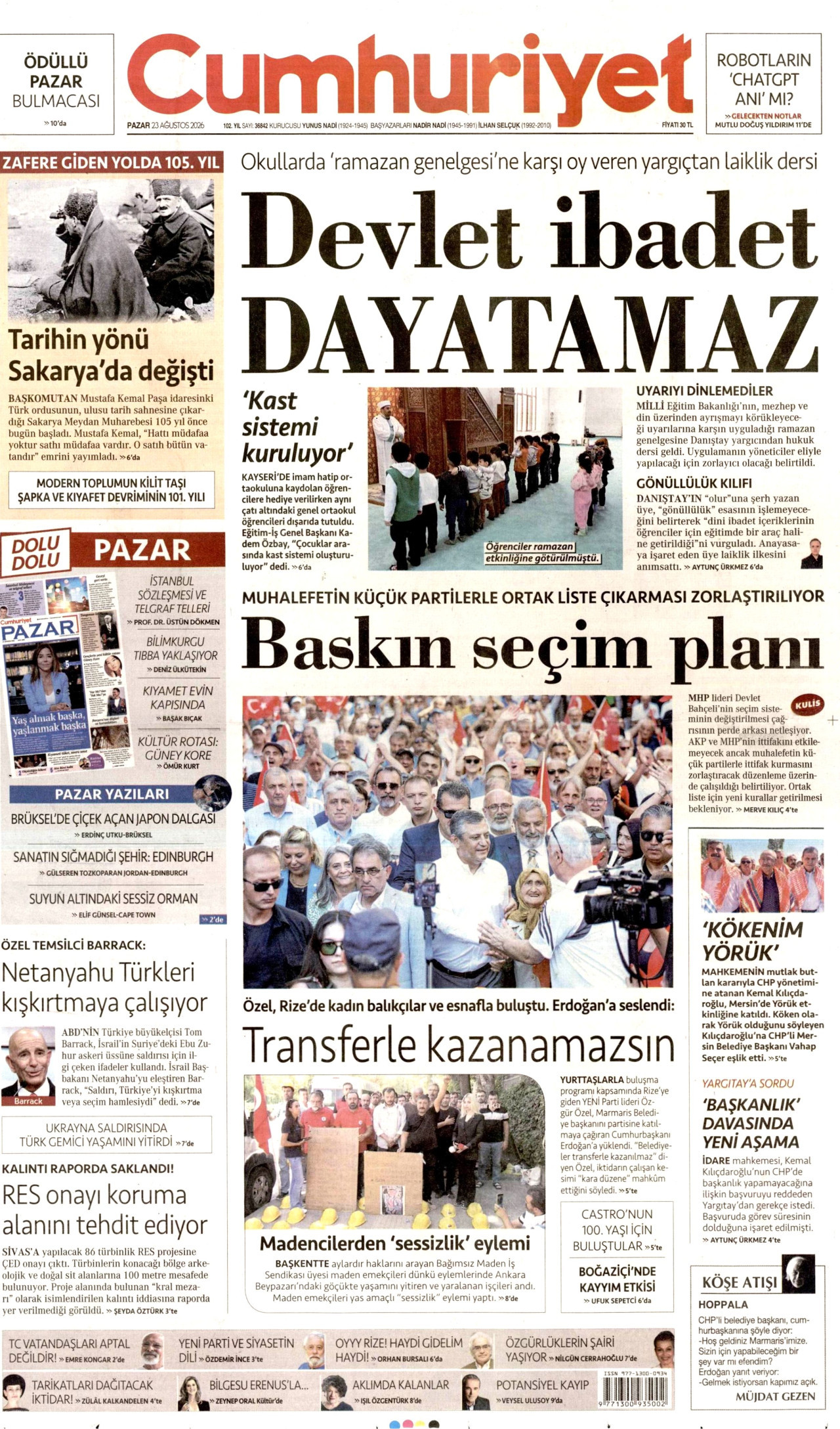 CUMHURİYET 23 Ağustos 2026 Gazete Manşeti Büyük