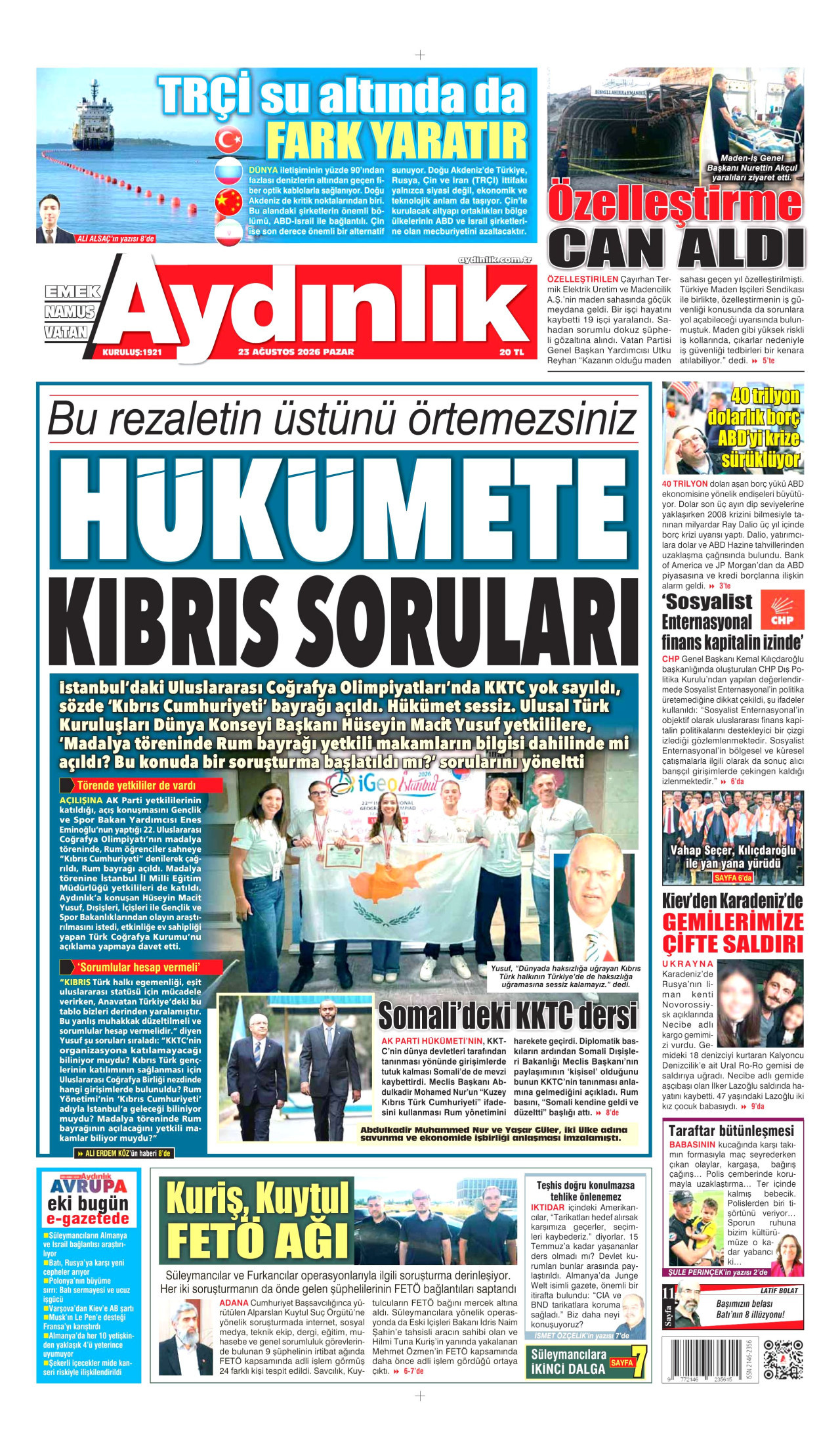 AYDINLIK GAZETESİ 23 Ağustos 2026 Gazete Manşeti Büyük