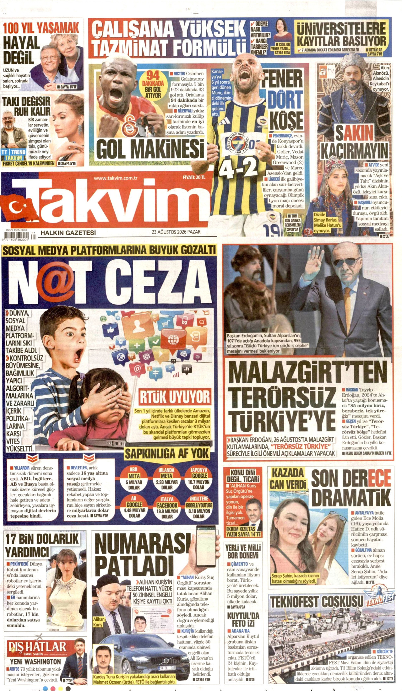 TAKVİM 23 Ağustos 2026 Gazete Manşeti Büyük