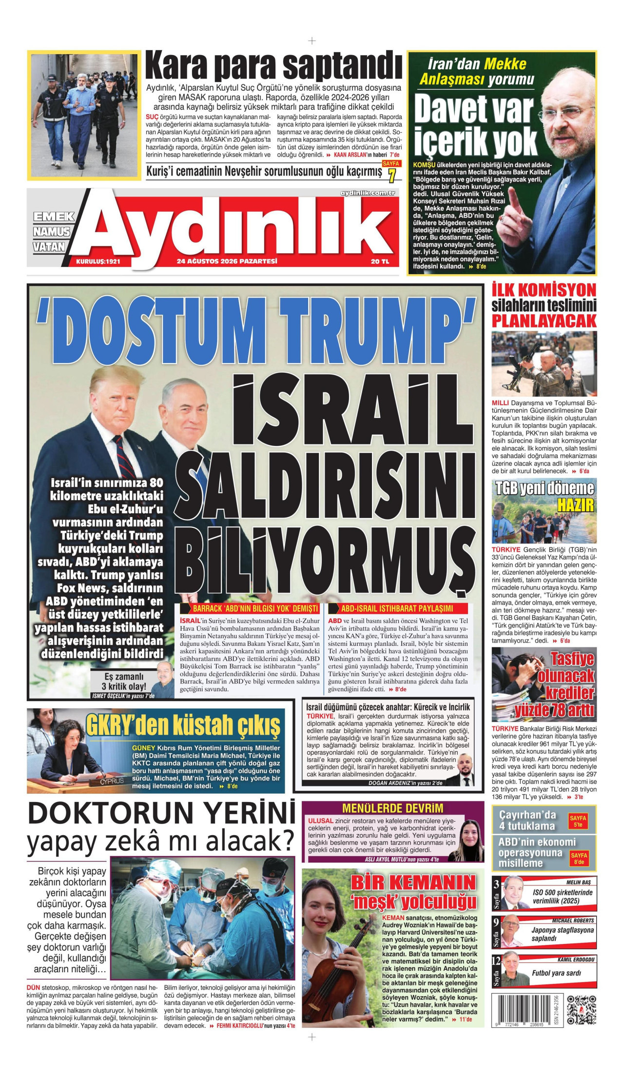AYDINLIK GAZETESİ gazetesinin 24 Ağustos 2026 tarihli birinci sayfası