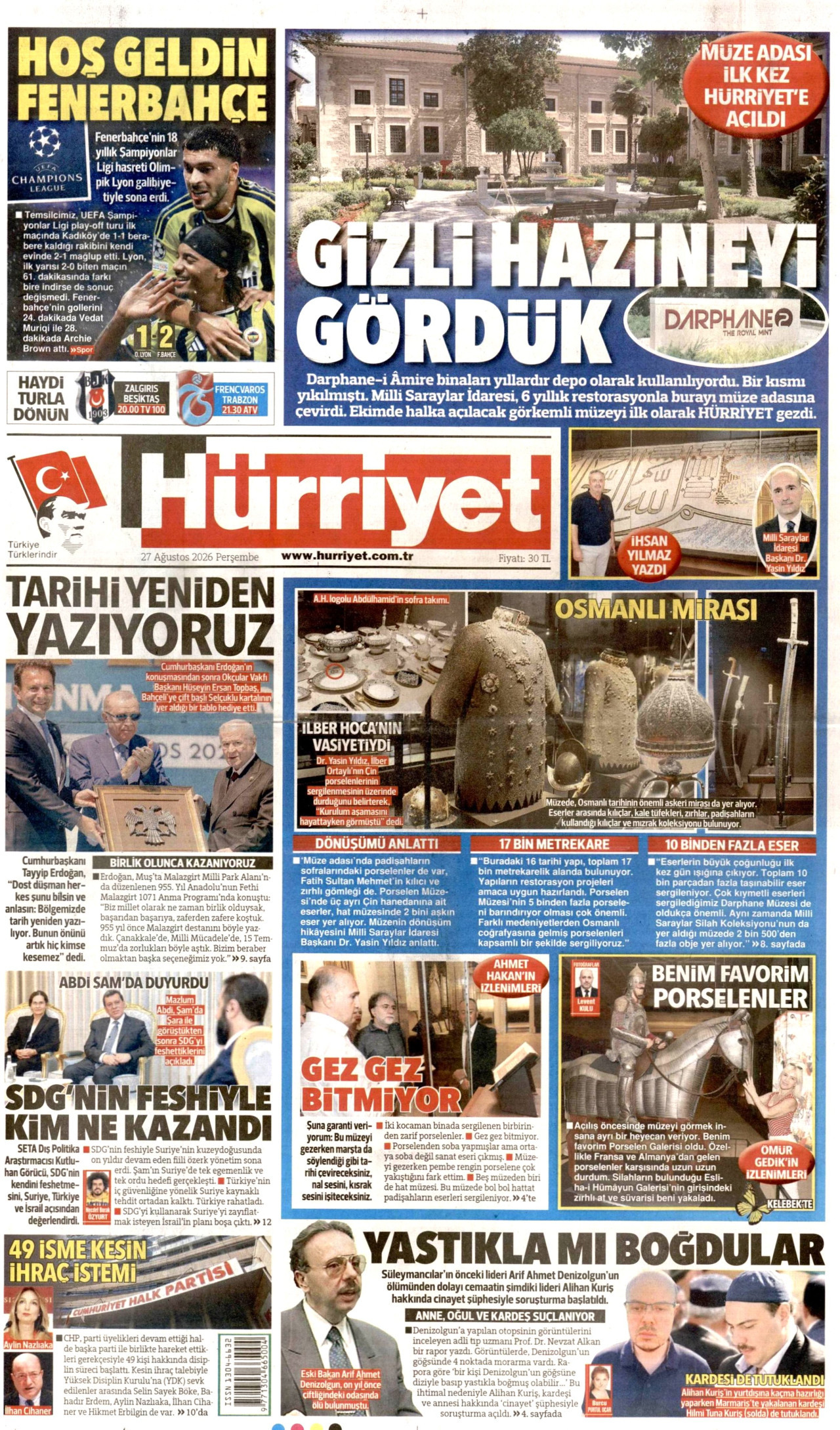 HÜRRİYET gazetesinin 27 Ağustos 2026 tarihli birinci sayfası