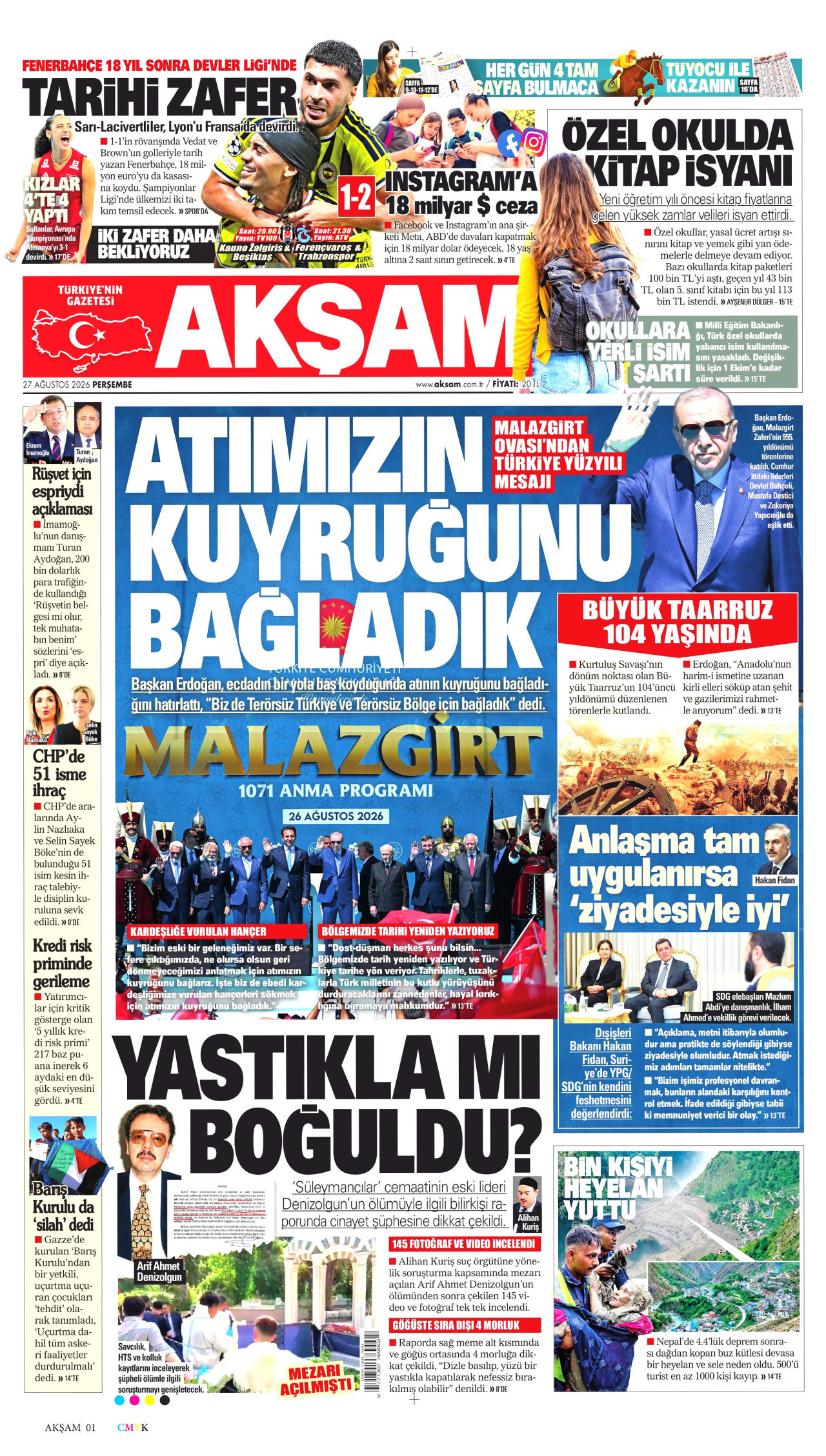 AKŞAM gazetesinin 27 Ağustos 2026 tarihli birinci sayfası