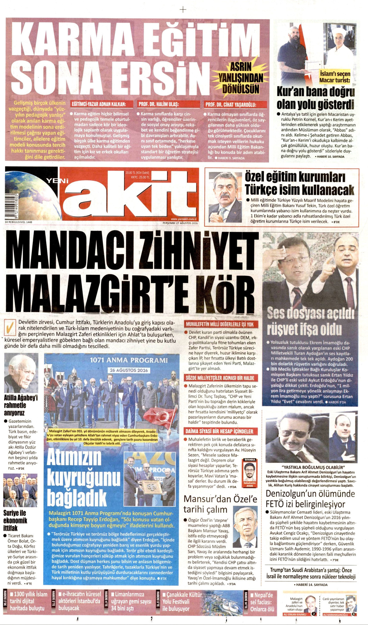 YENİ AKİT gazetesinin 27 Ağustos 2026 tarihli birinci sayfası