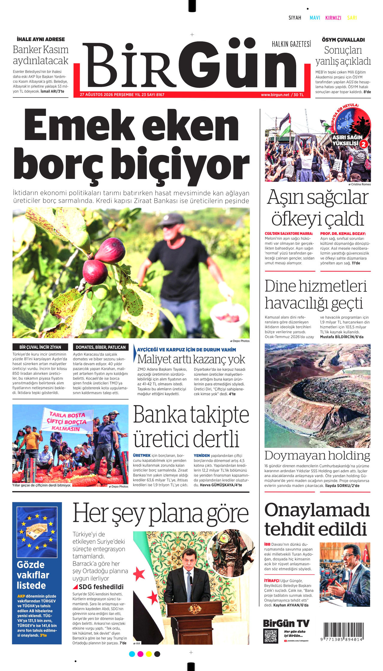 BİRGÜN gazetesinin 27 Ağustos 2026 tarihli birinci sayfası