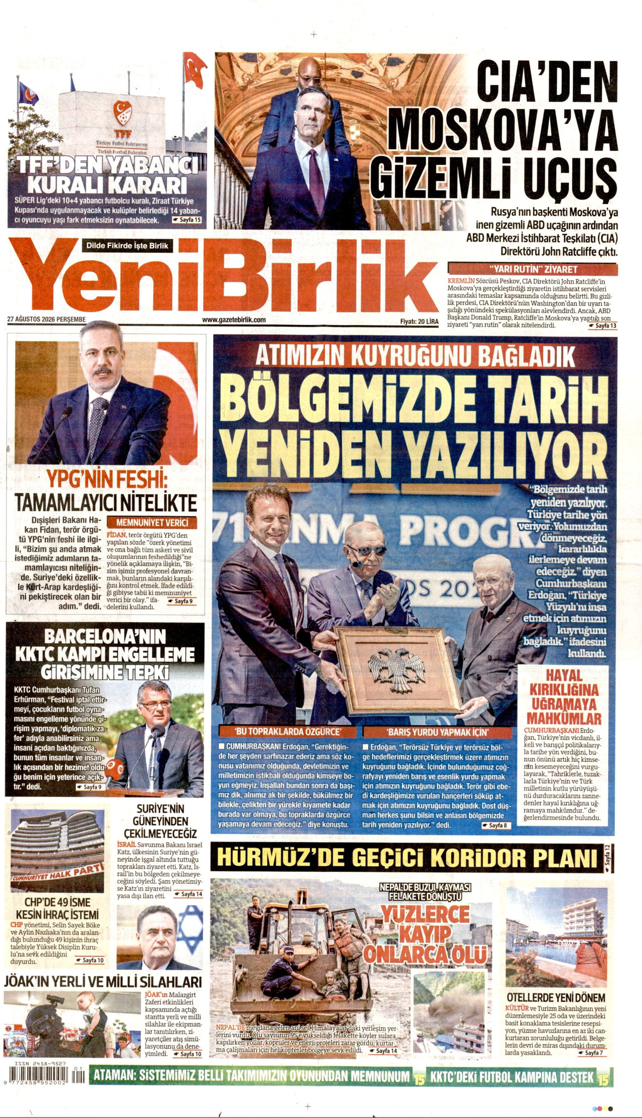 YENİBİRLİK gazetesinin 27 Ağustos 2026 tarihli birinci sayfası