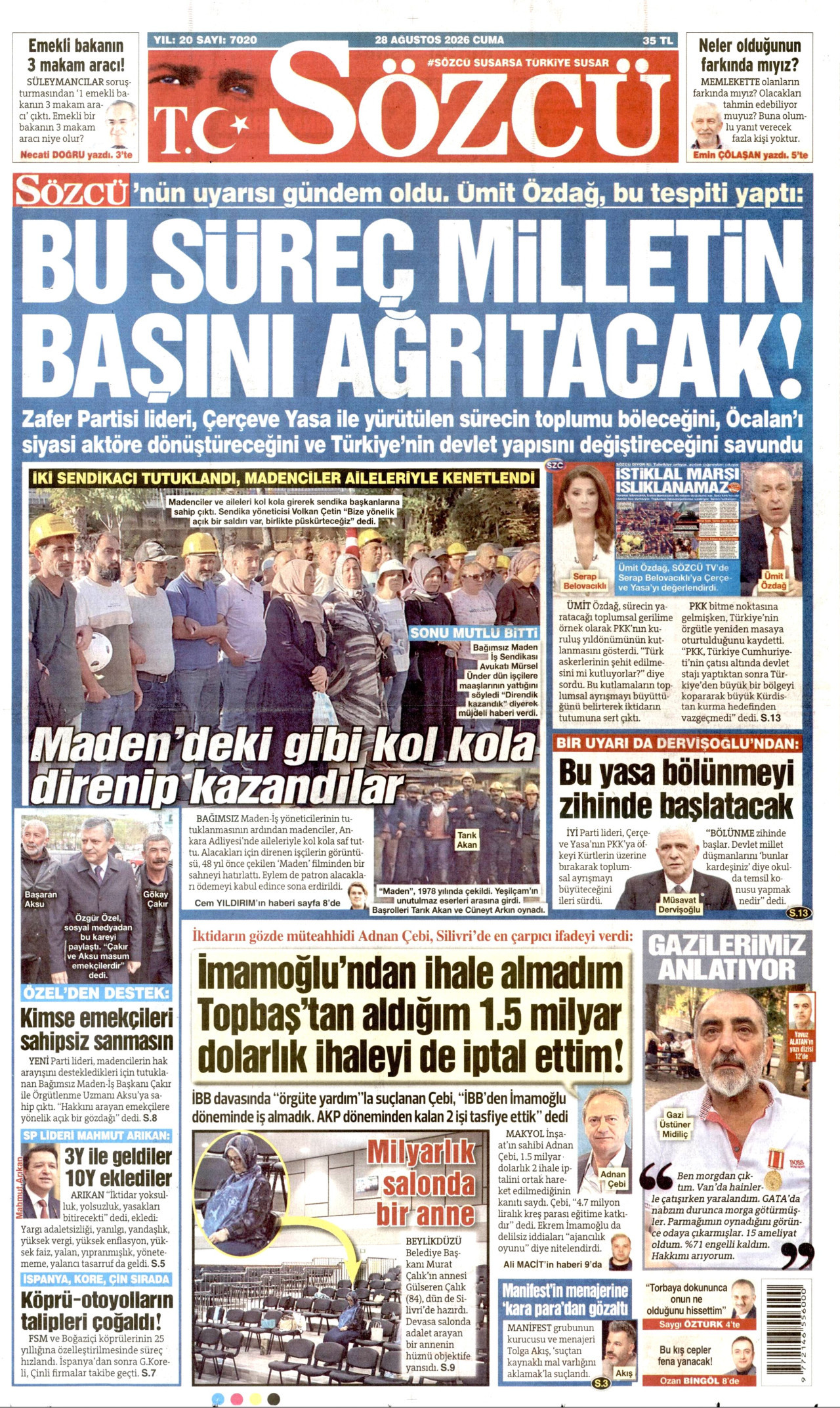 SÖZCÜ gazetesinin 28 Ağustos 2026 tarihli birinci sayfası