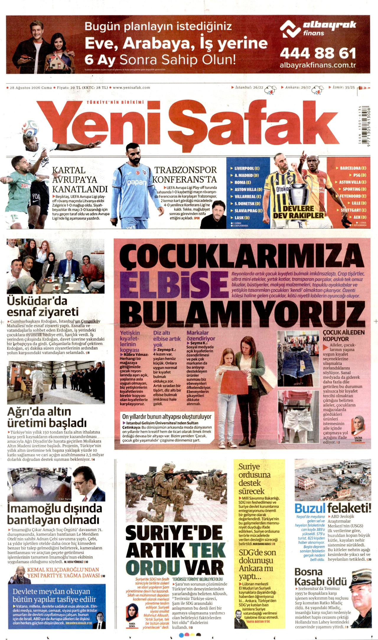 YENİ ŞAFAK gazetesinin 28 Ağustos 2026 tarihli birinci sayfası