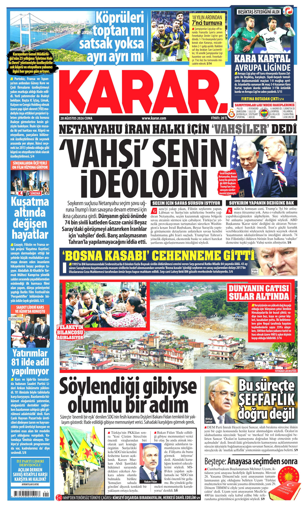 KARAR gazetesinin 28 Ağustos 2026 tarihli birinci sayfası