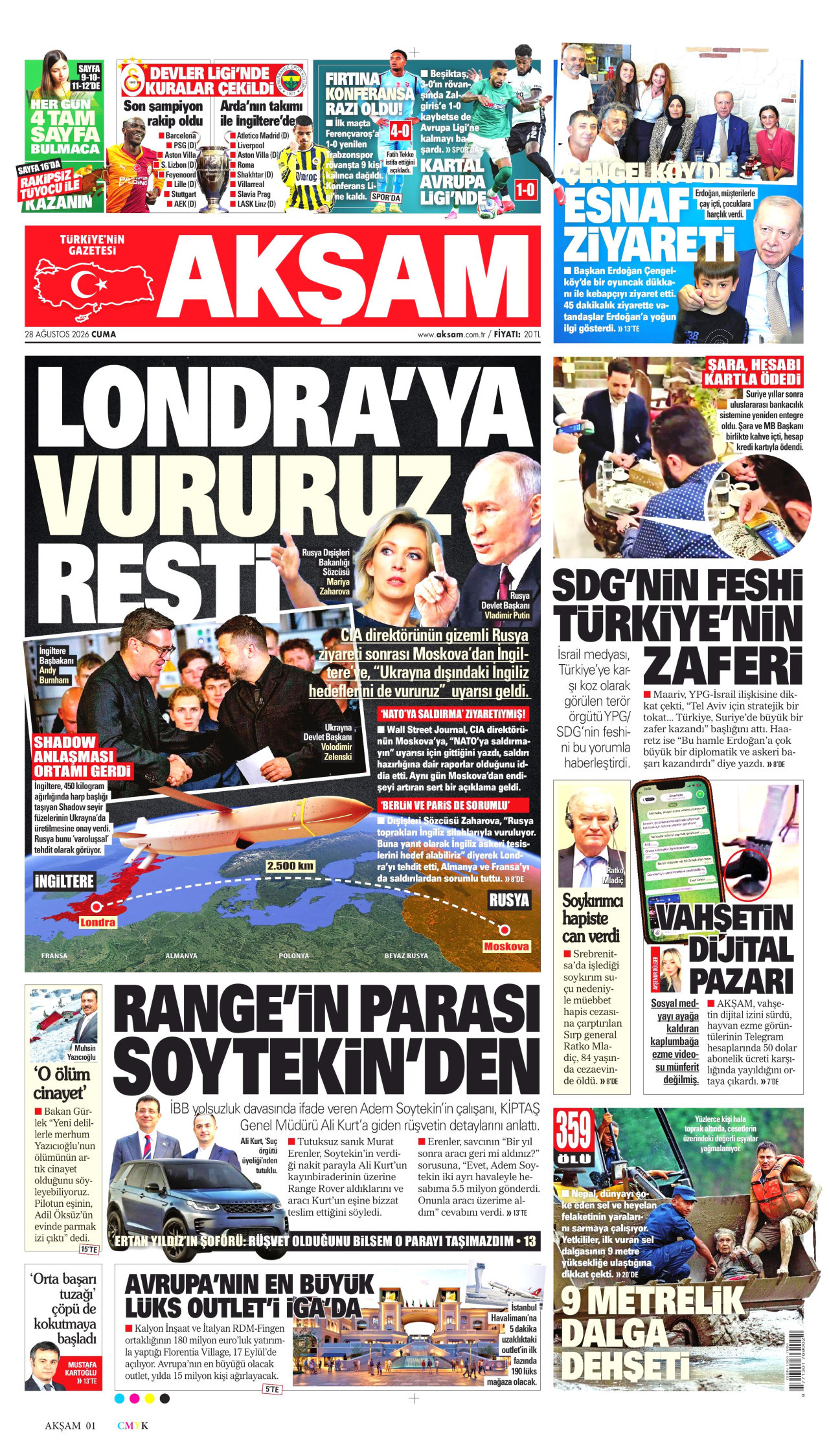 AKŞAM gazetesinin 28 Ağustos 2026 tarihli birinci sayfası