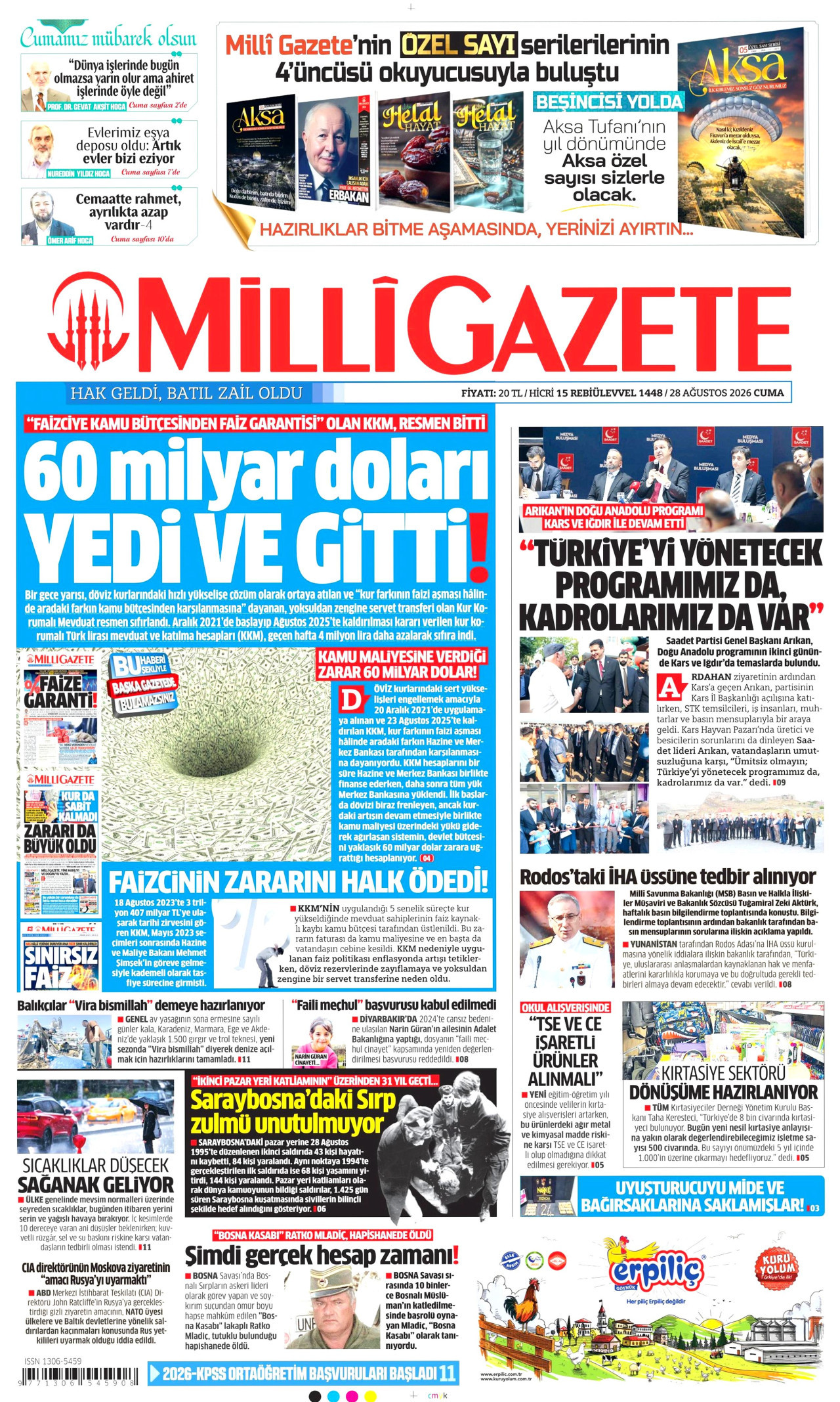 MİLLİ GAZETE gazetesinin 28 Ağustos 2026 tarihli birinci sayfası