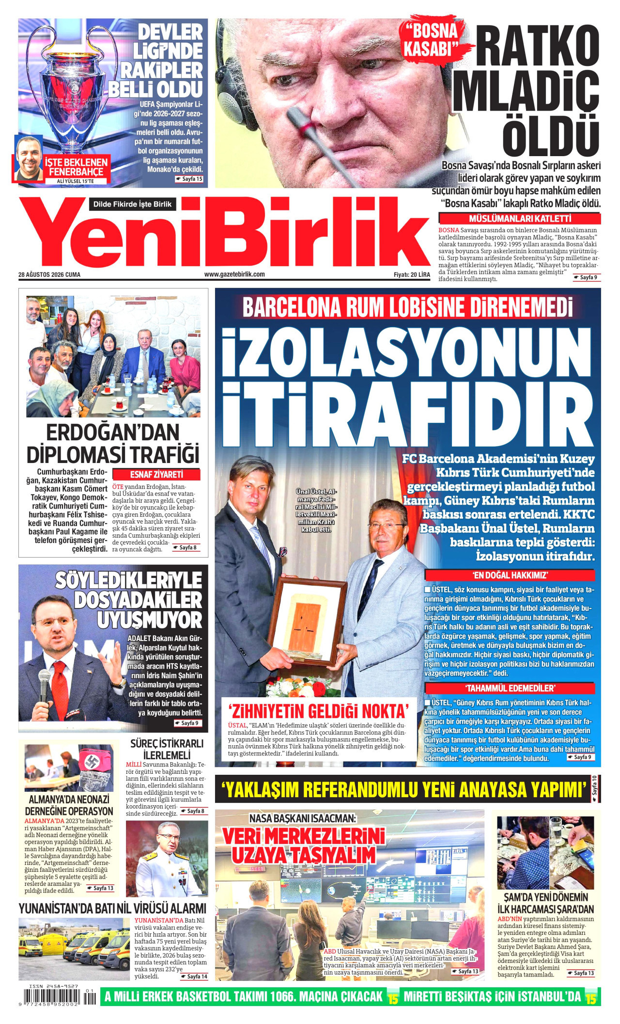 YENİBİRLİK gazetesinin 28 Ağustos 2026 tarihli birinci sayfası