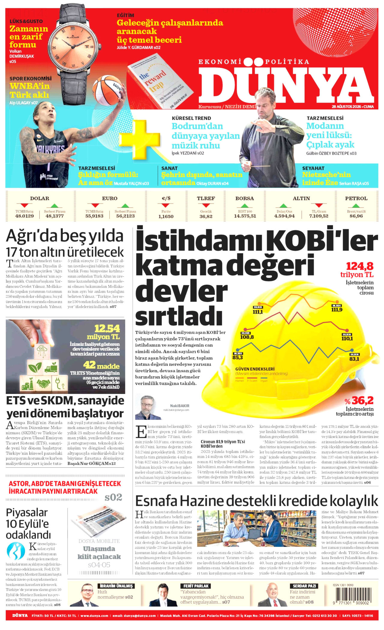DÜNYA gazetesinin 28 Ağustos 2026 tarihli birinci sayfası