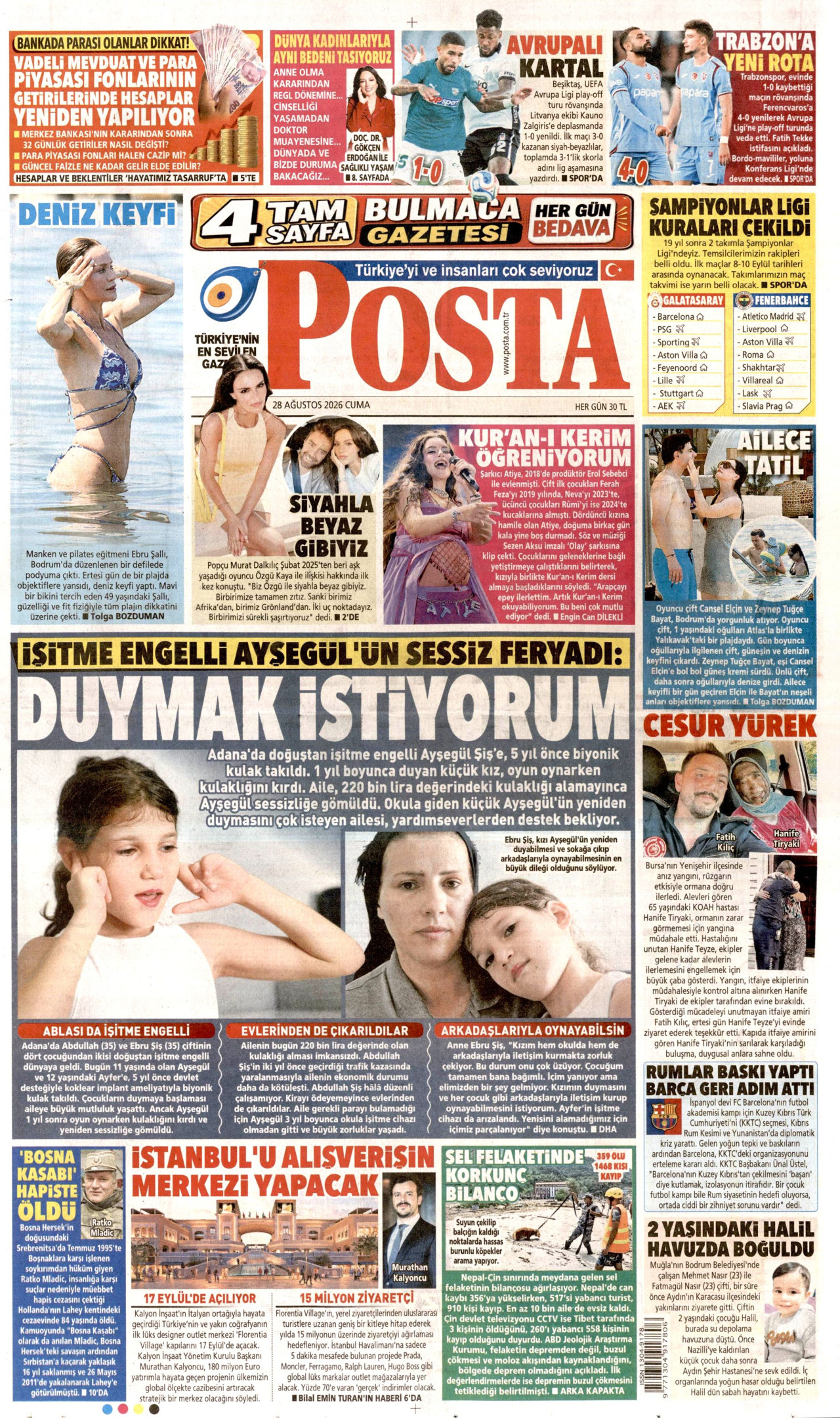POSTA gazetesinin 28 Ağustos 2026 tarihli birinci sayfası