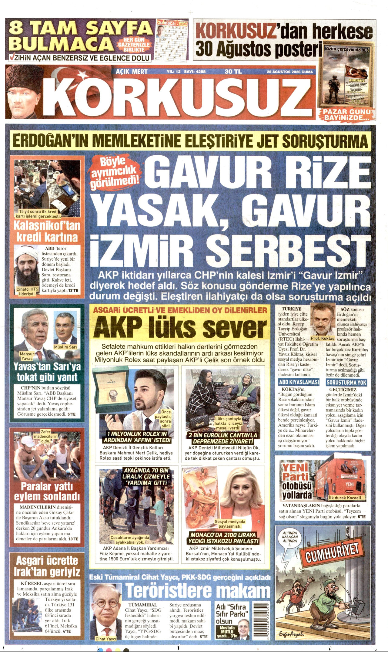 KORKUSUZ gazetesinin 28 Ağustos 2026 tarihli birinci sayfası