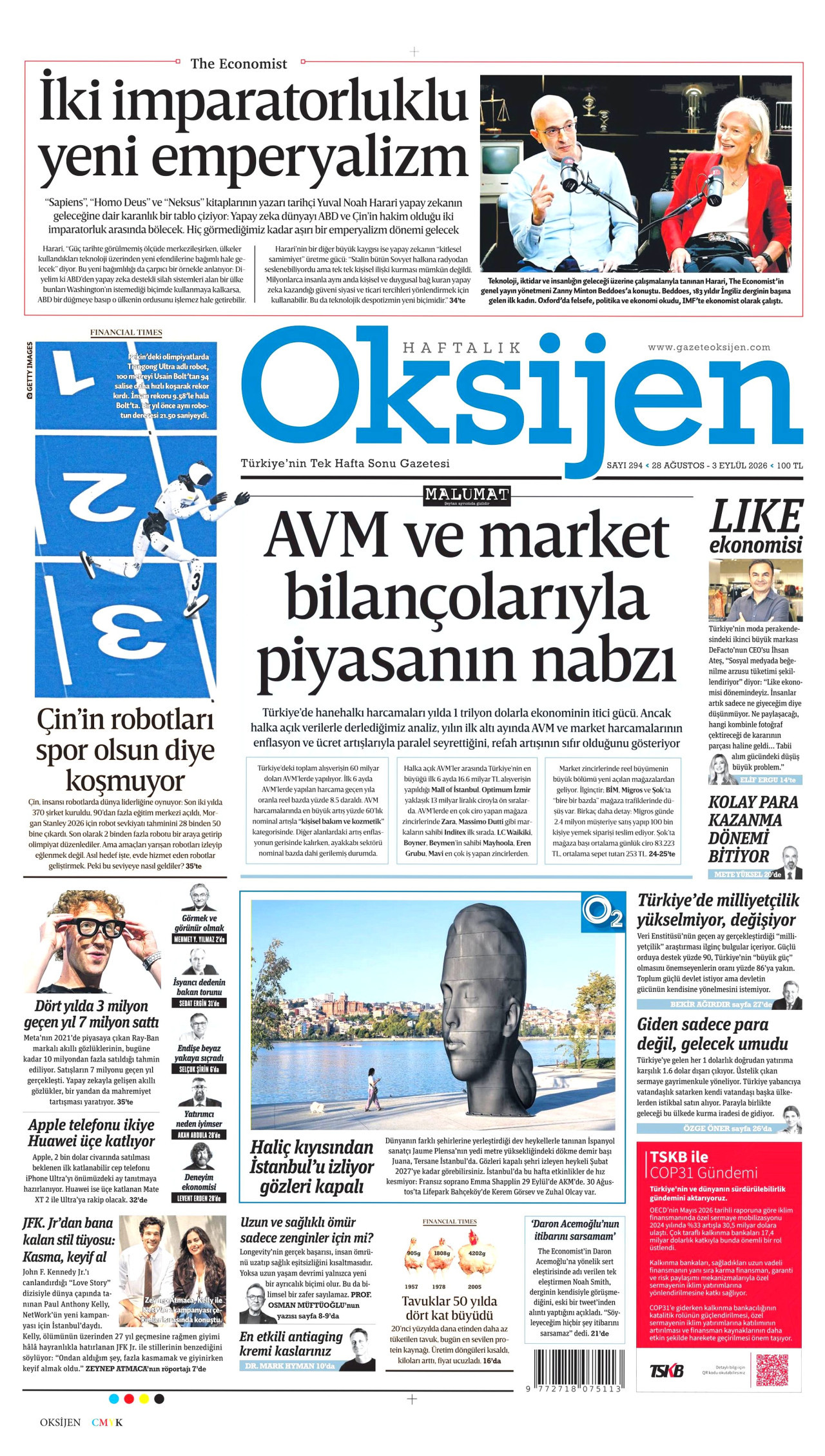 OKSİJEN gazetesinin 28 Ağustos 2026 tarihli birinci sayfası