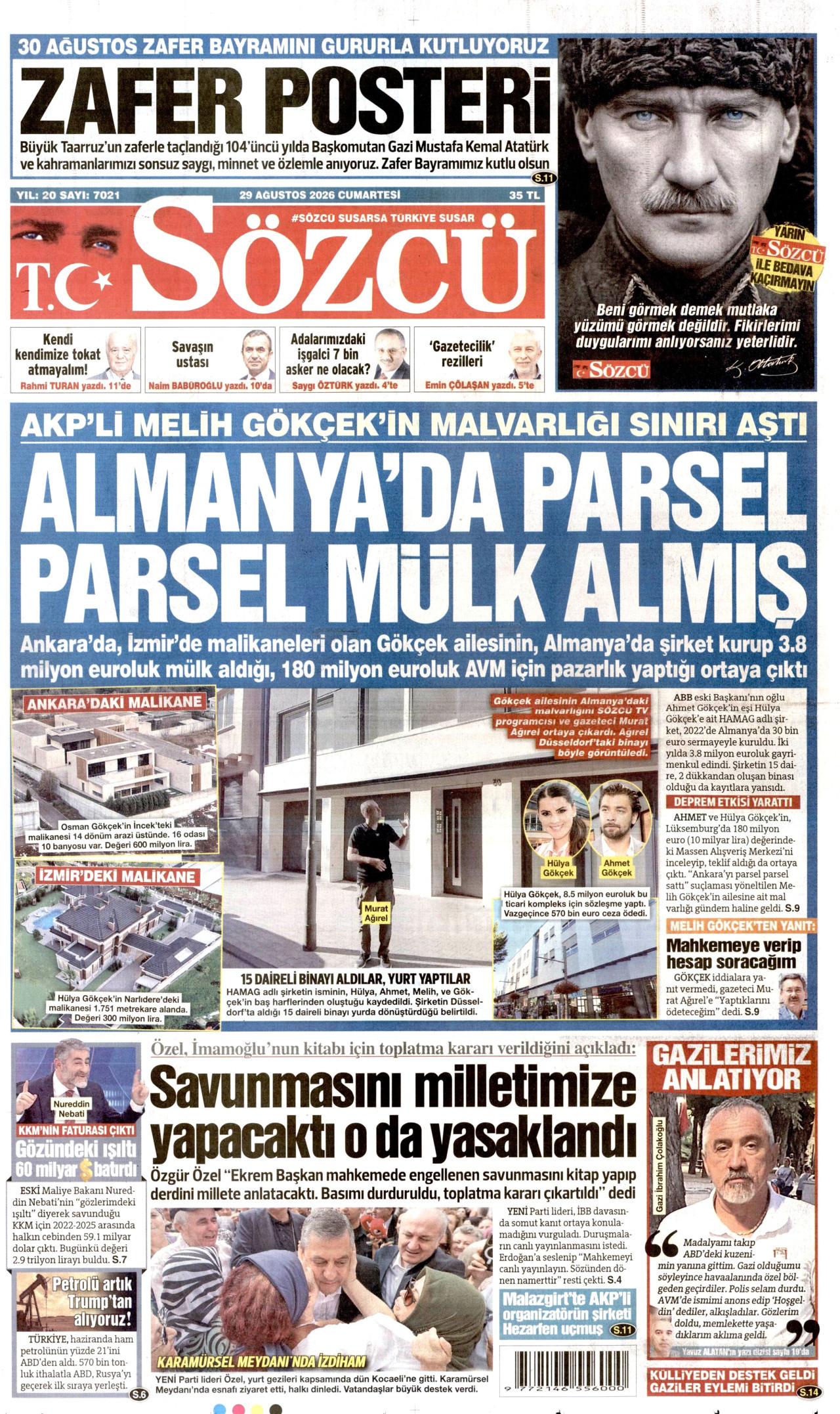 SÖZCÜ gazetesinin 29 Ağustos 2026 tarihli birinci sayfası
