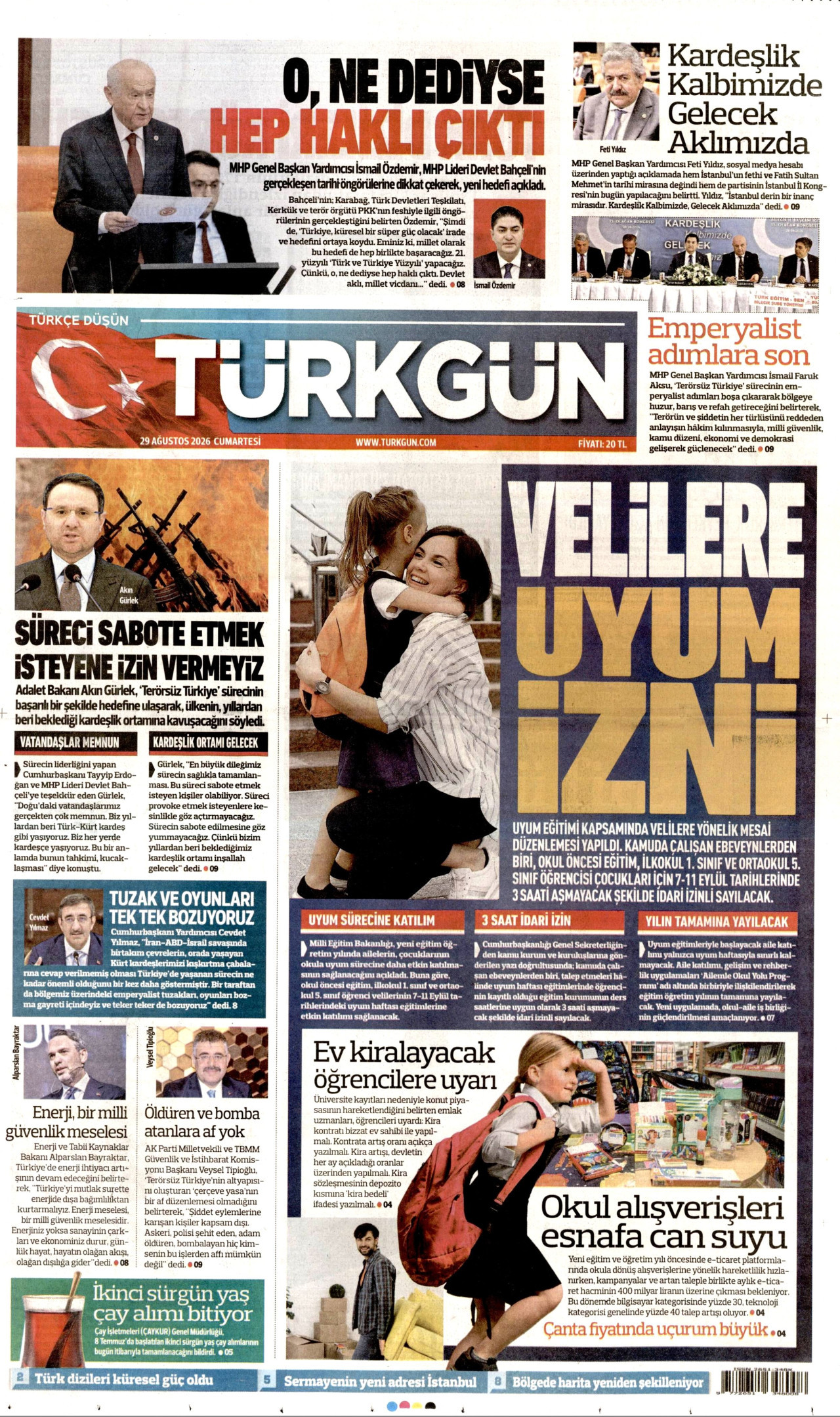 TÜRKGÜN gazetesinin 29 Ağustos 2026 tarihli birinci sayfası