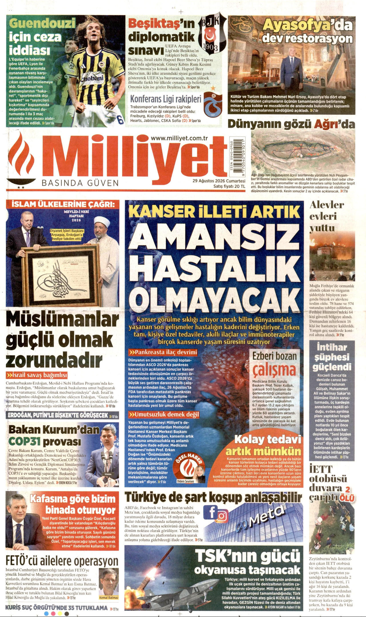 MİLLİYET gazetesinin 29 Ağustos 2026 tarihli birinci sayfası