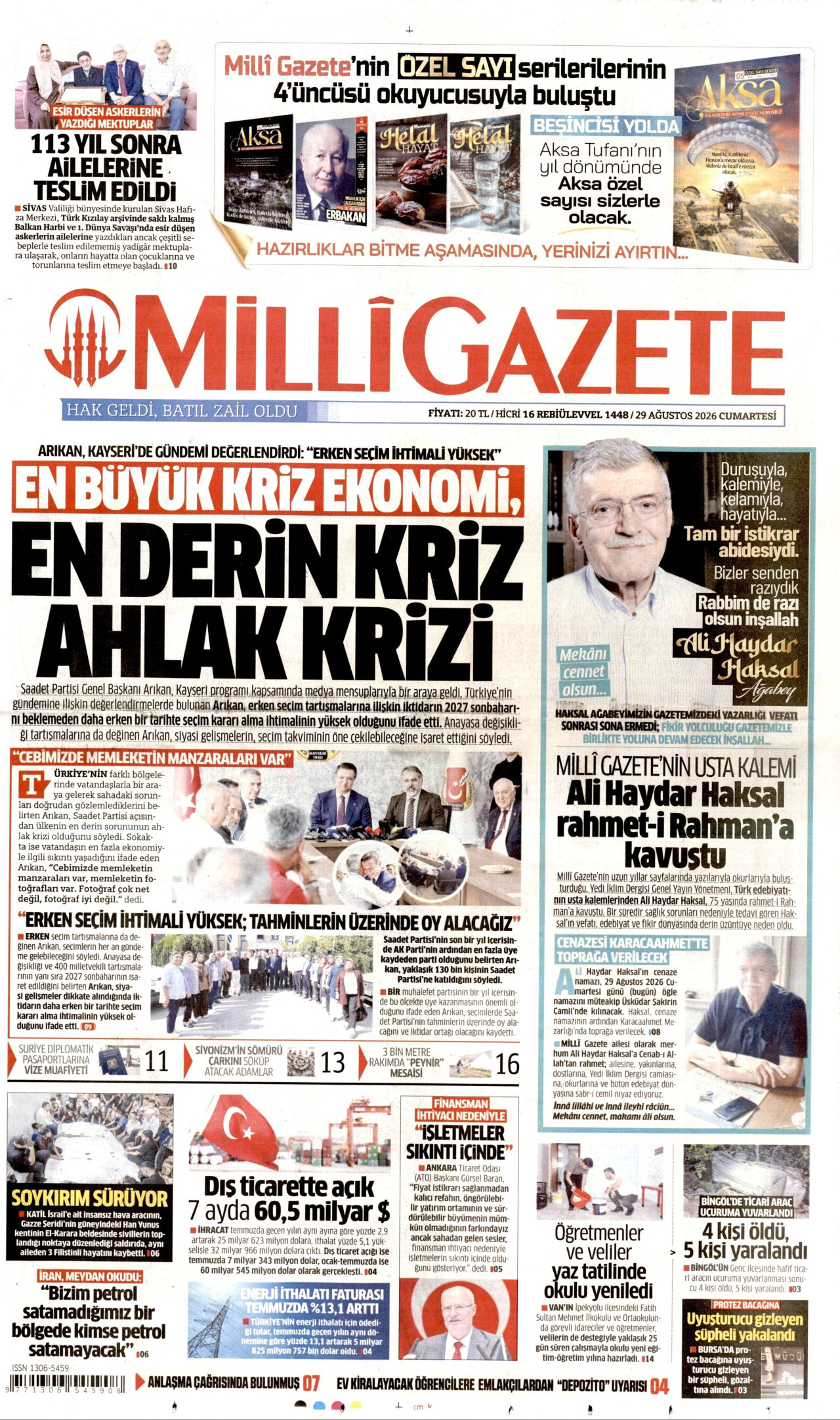MİLLİ GAZETE gazetesinin 29 Ağustos 2026 tarihli birinci sayfası