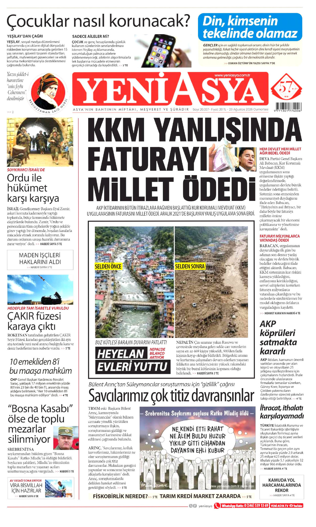 YENİ ASYA gazetesinin 29 Ağustos 2026 tarihli birinci sayfası