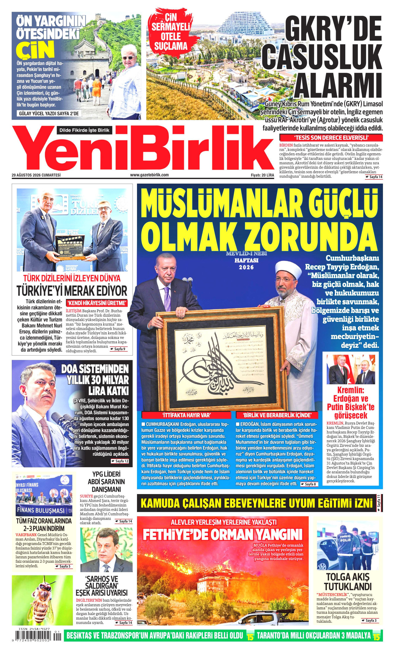 YENİBİRLİK gazetesinin 29 Ağustos 2026 tarihli birinci sayfası