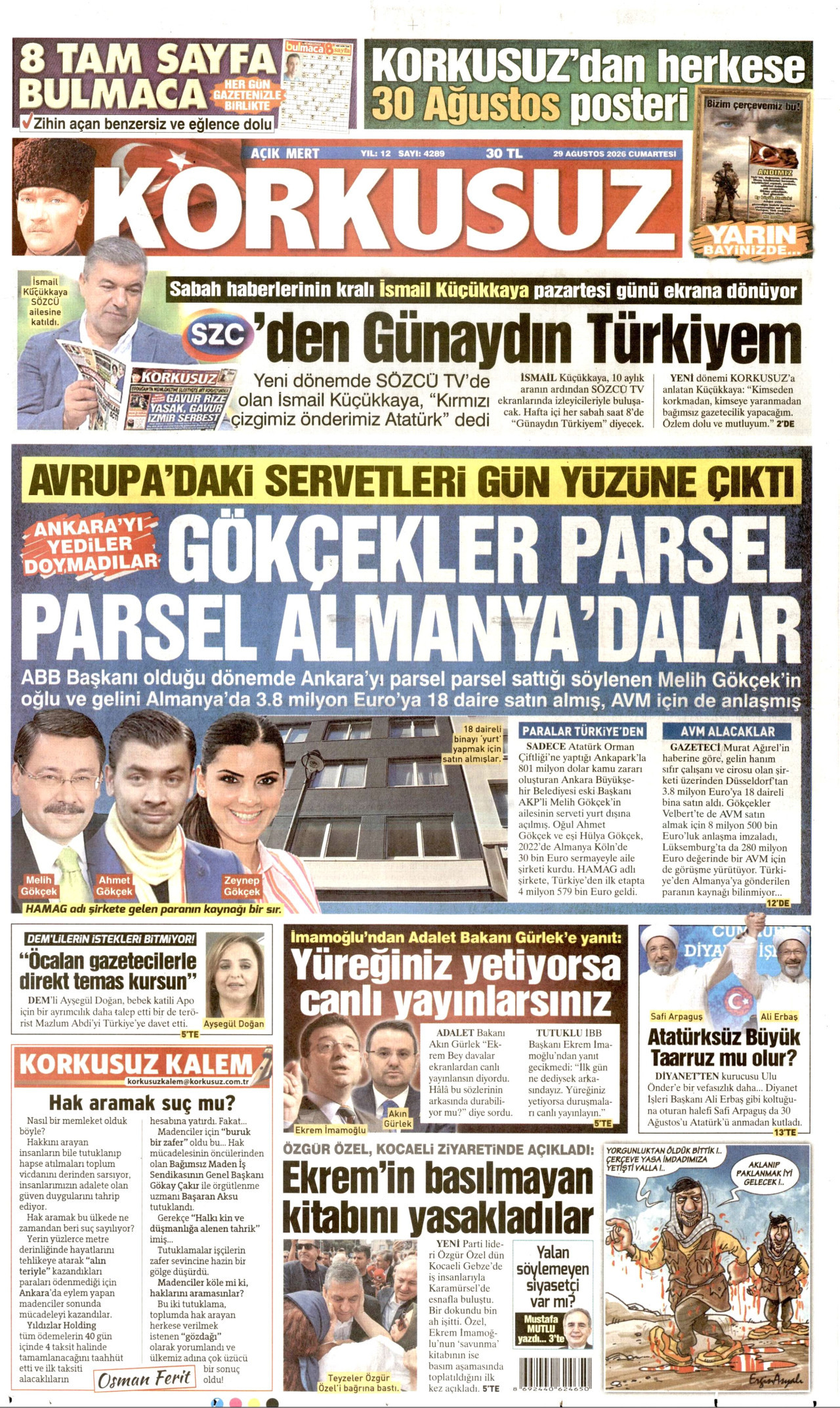 KORKUSUZ gazetesinin 29 Ağustos 2026 tarihli birinci sayfası