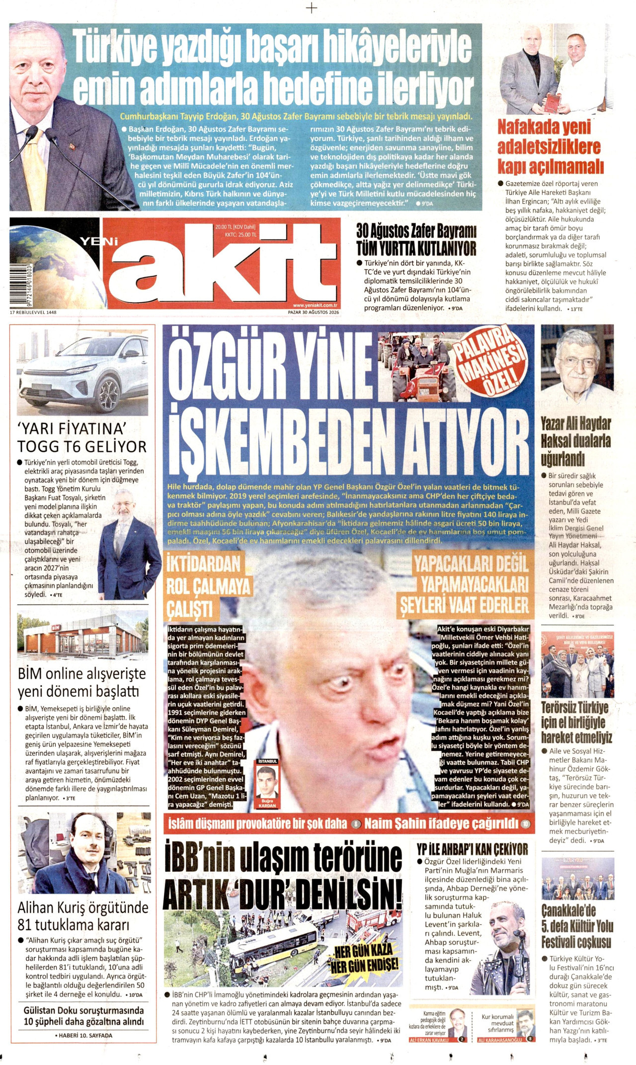 YENİ AKİT gazetesinin 30 Ağustos 2026 tarihli birinci sayfası