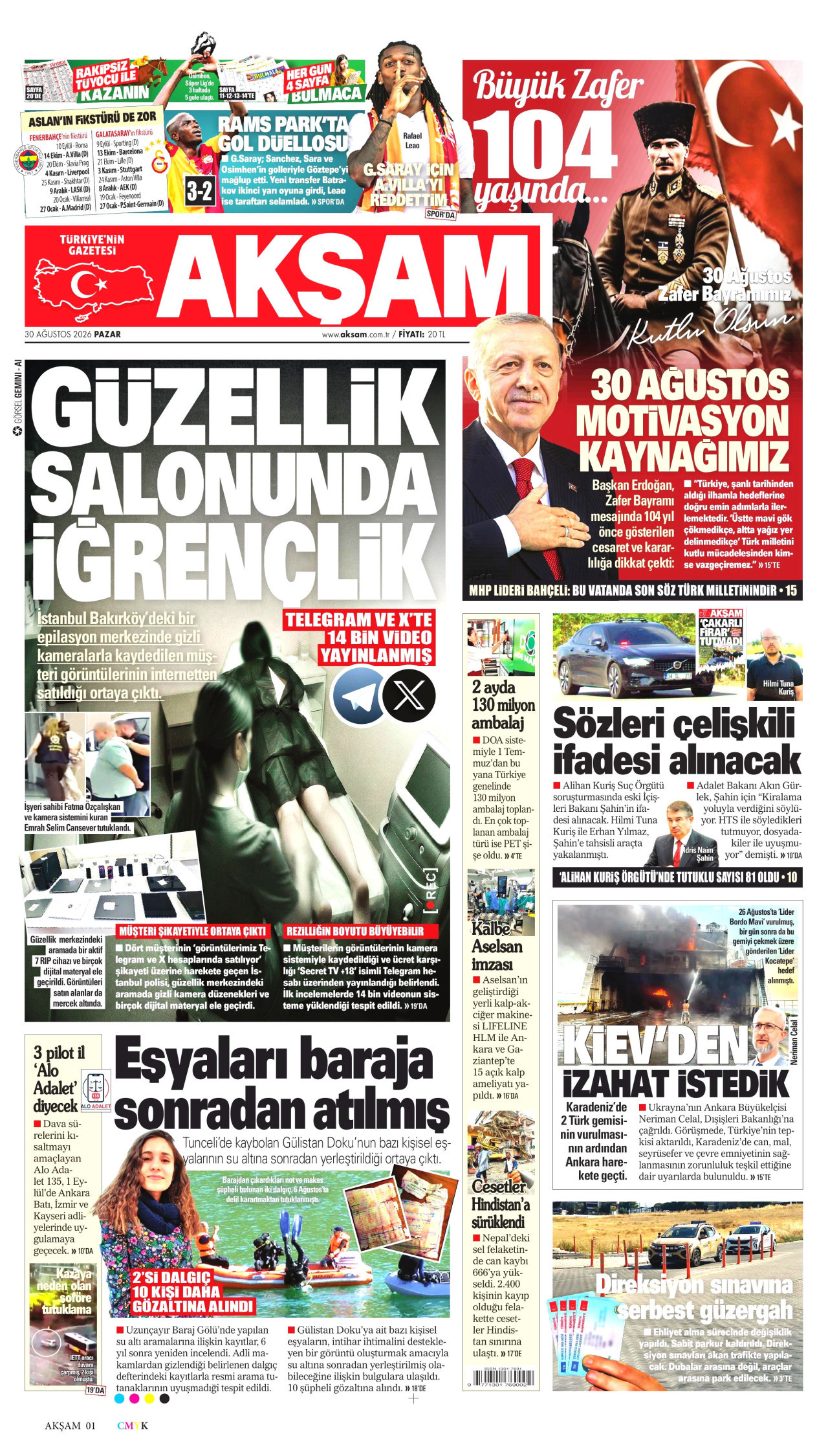 AKŞAM gazetesinin 30 Ağustos 2026 tarihli birinci sayfası