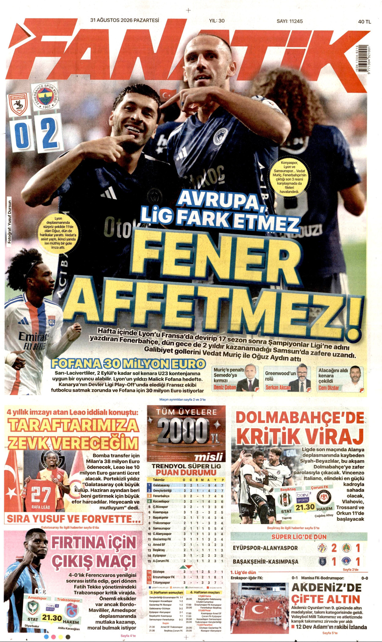 FANATİK gazetesinin 31 Ağustos 2026 tarihli birinci sayfası